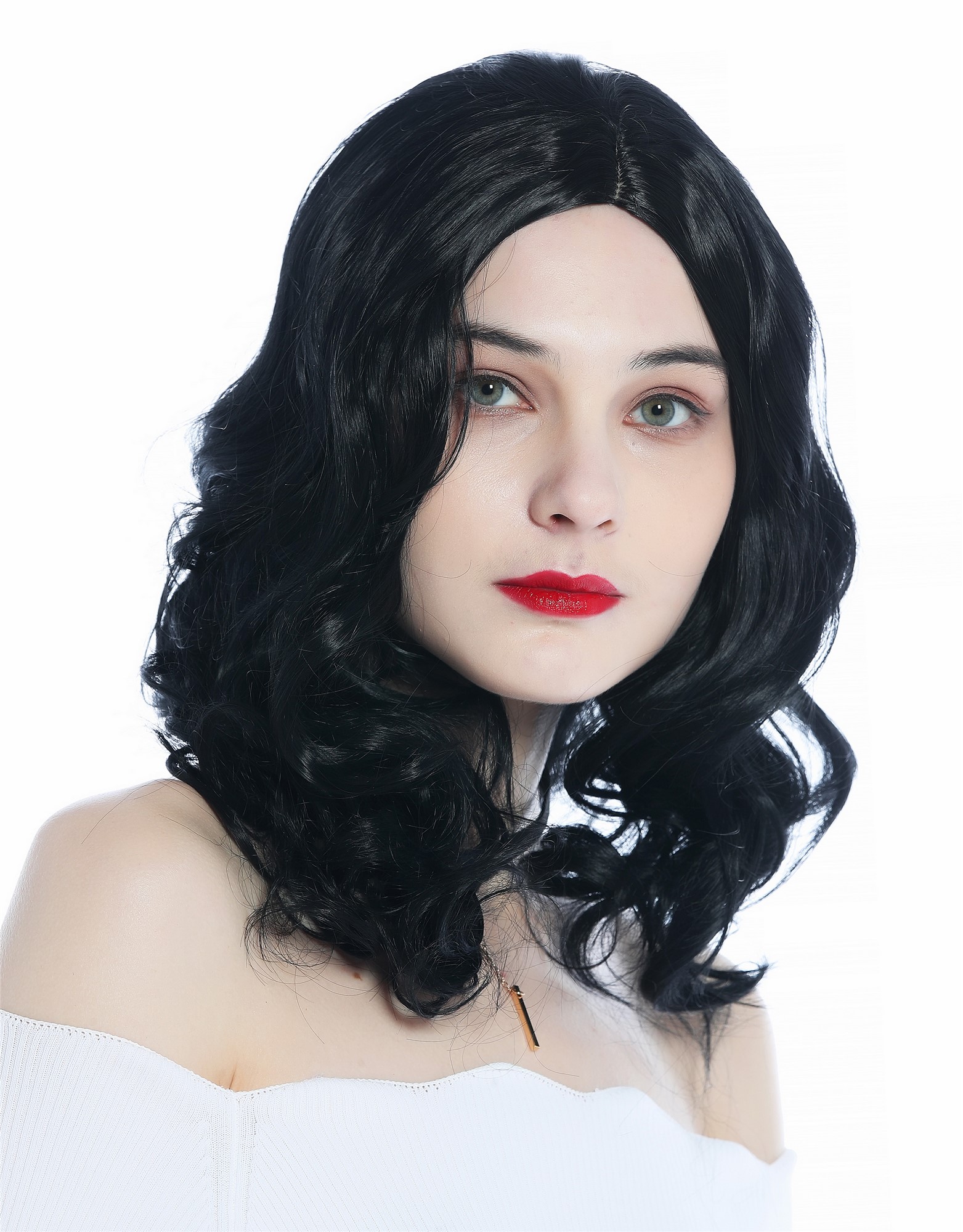 Lady wig shoulder length wavy curled tips central parting velvet black ZM-1024 , front view, WIG ME UP: Your Perücken Online Shop Quality Wigs, Ladies, velvet black, curled, shoulder-length