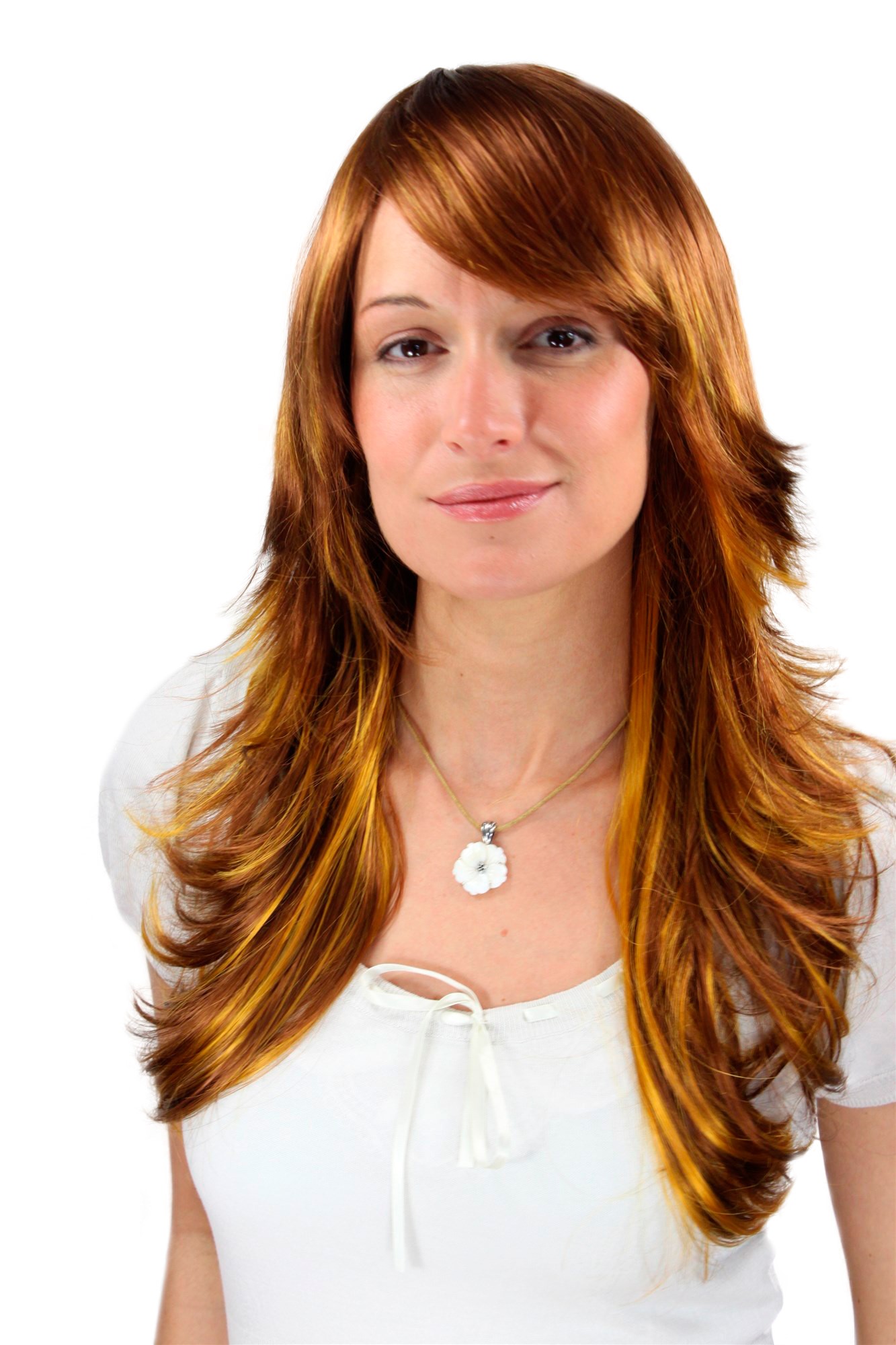 Lady women wig long layered extravagant mixed copper brown blond 3220 , front view, WIG ME UP: Your Perücken Online Shop Quality Wigs, Ladies, reddish brown and dark golden blonde, wavy, long