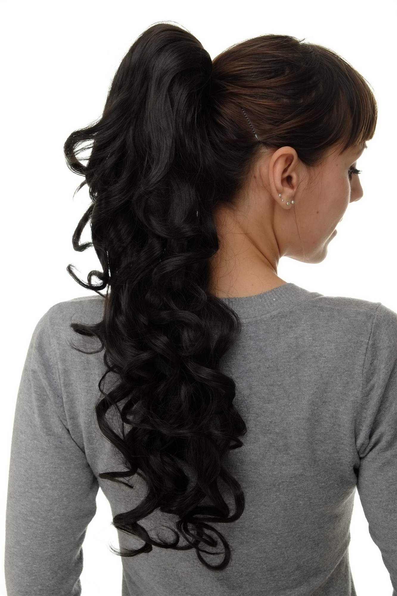 hochwertiges Haarteil Butterfly-Clip + Steckkämme + Gummizug lockig Dunkelbraun WK08-3, Ansicht 5, WIG ME UP: Ihr Perücken Online Shop lockiges Zopf-Haarteil Dunkelbraun 60 cm lang