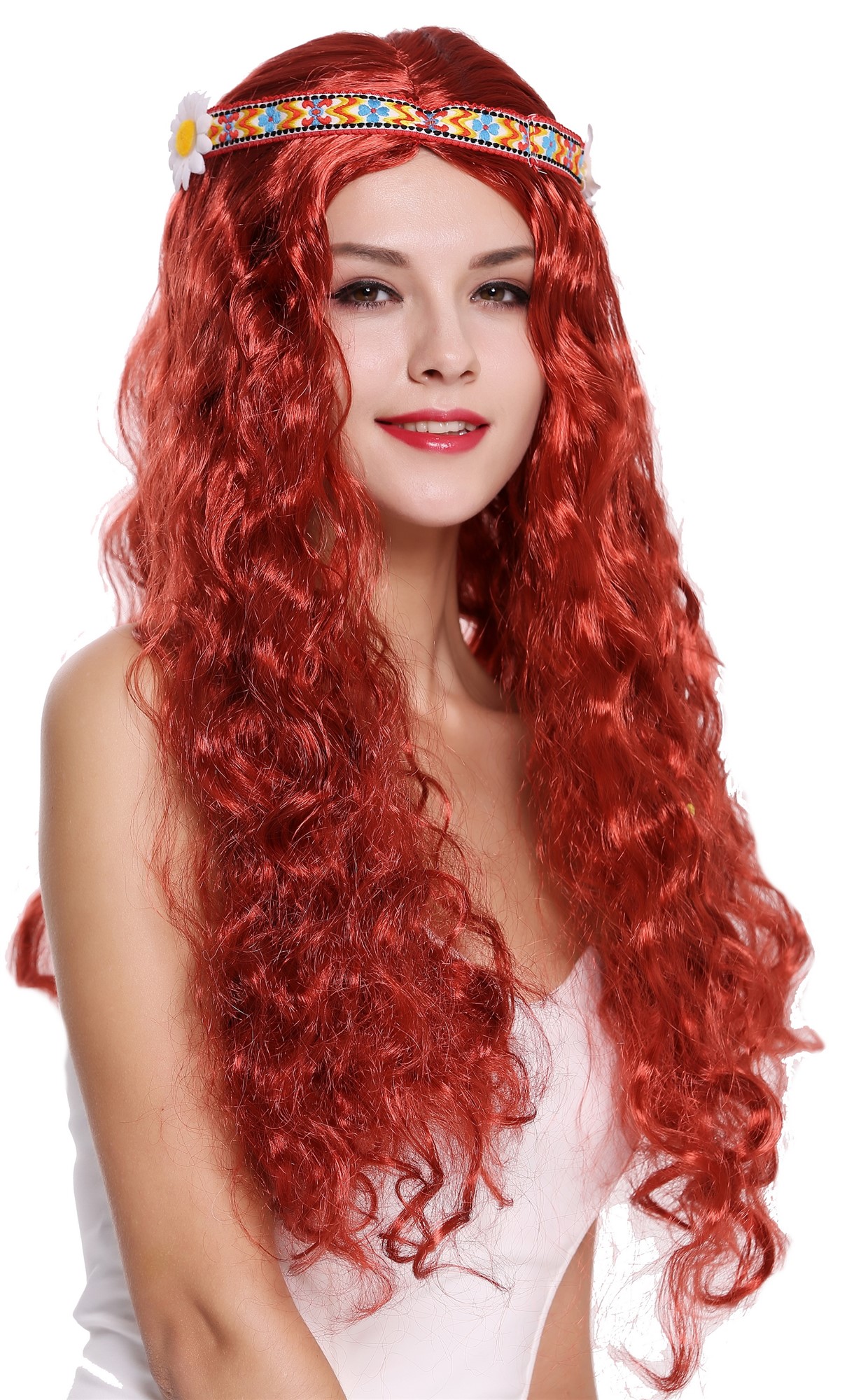 günstige Party Perücke, Perücke Stirnband Hippie lang rot 91298-ZA350, Ansicht 3, WIG ME UP: Ihr Perücken Online Shop wellige Party Perücke Rot lange Haare für Damen