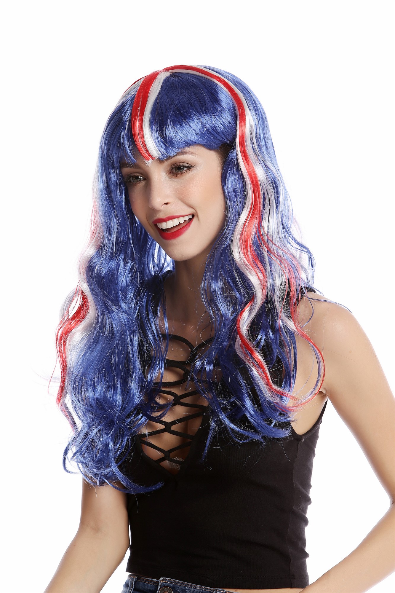 90923 Lady Fan Wig England UK Union Jack long wavy blue white red, front view, WIG ME UP: Your Perücken Online Shop Party Wig, Ladies, Blue, White, Red, wavy, long