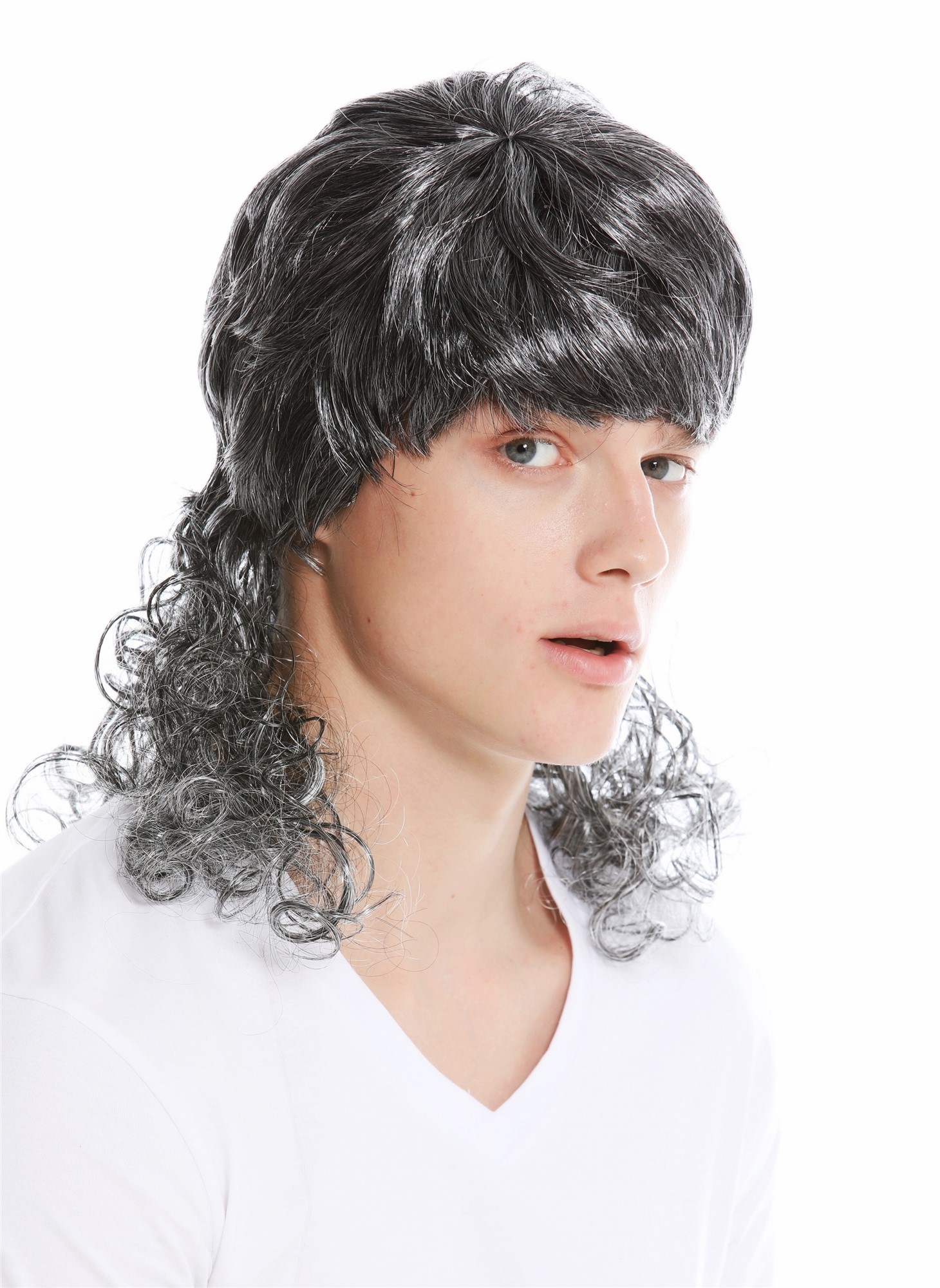 Party wig women men carnival curly mullet lad crooner film star black-grey 60893, view 2, WIG ME UP: Your Perücken Online Shop Party Wig, Unisex, dark gray, curled, shoulder-length