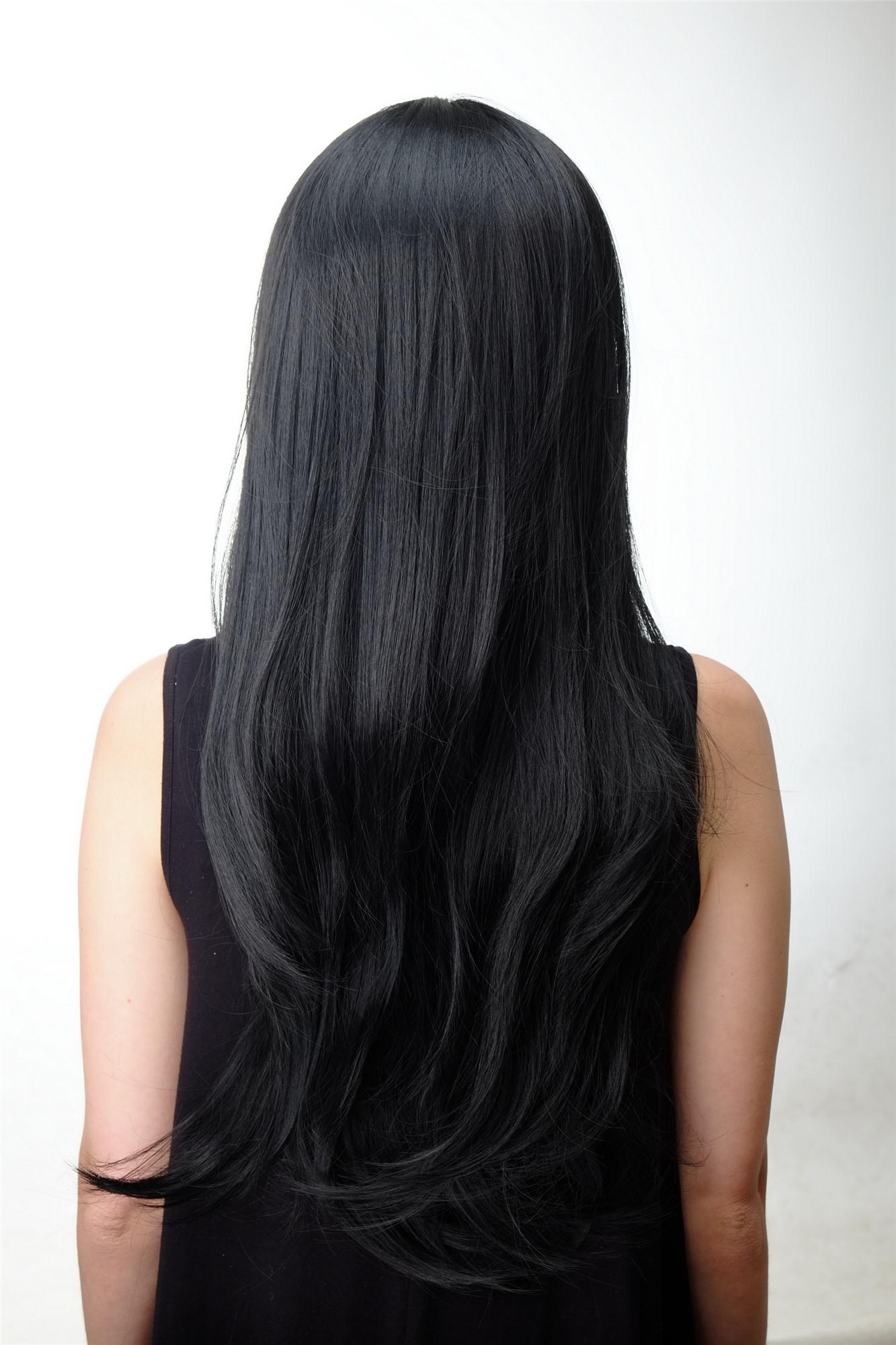 hochwertige Qualitätsperücken, Damen Perücke gestuft lang glatt Pony schwarz GFW09-1B, Ansicht 4, WIG ME UP: Ihr Perücken Online Shop glatte Tressen-Perücke mit Kopfhaut-Imitat Samtschwarz lange Haare für Damen