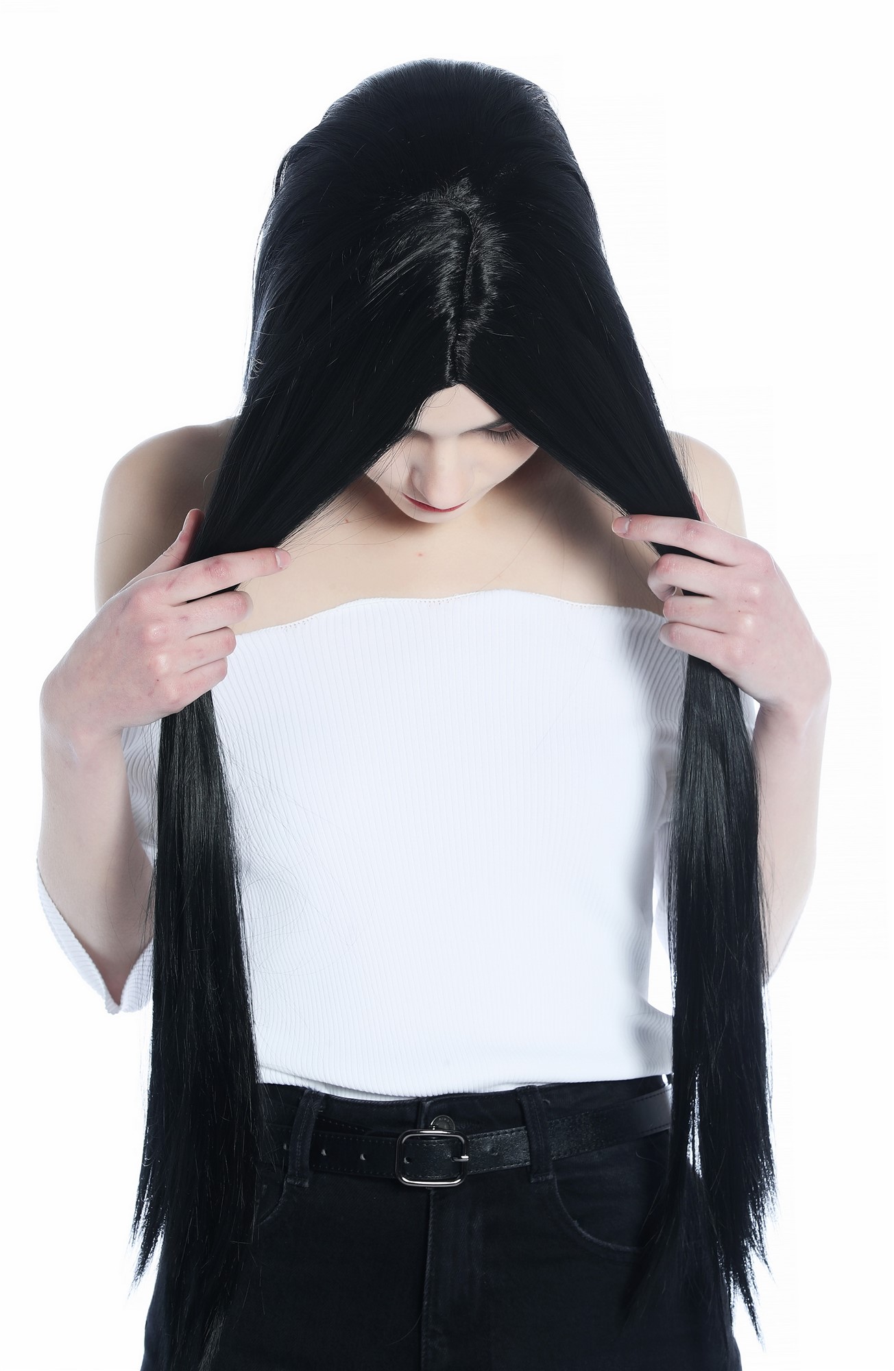 günstige Party Perücke, Perücke lang glatt Mittelscheitel schwarz Gothic CW-049-K1, Ansicht 6, WIG ME UP: Ihr Perücken Online Shop glatte Party Perücke Tiefschwarz lange Haare für Damen