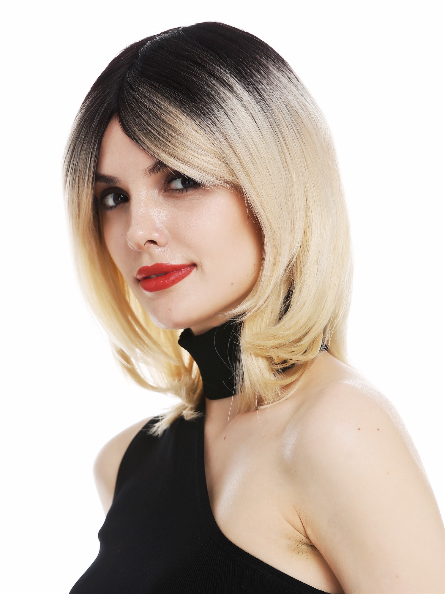 hochwertige Qualitätsperücken, Perücke schulterlang glatt Longbob Ombre Schwarz Blond RGF-6701-DR613, Ansicht 2, WIG ME UP: Ihr Perücken Online Shop glatte Tressen-Perücke Blond-Schwarz-Mix schulterlange Haare für Damen