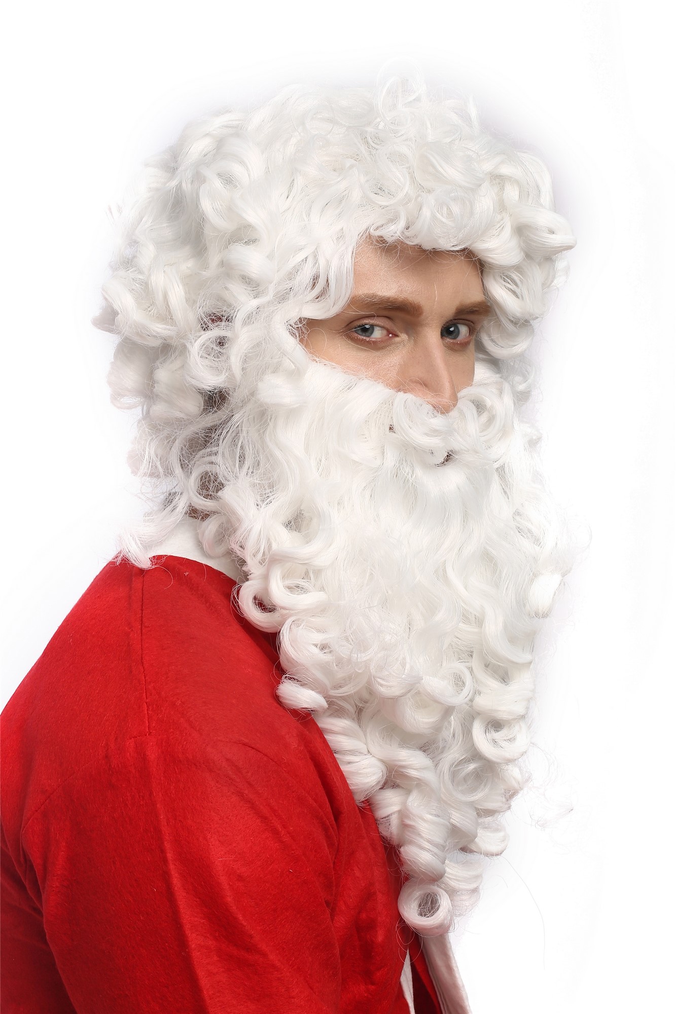 günstige Party Perücke, Perücke Bart Weihnachtsmann Santa Weiß 01-A+B-P60, Vorderansicht, WIG ME UP: Ihr Perücken Online Shop lockige Party Perücke Weiß schulterlange Haare für Herren