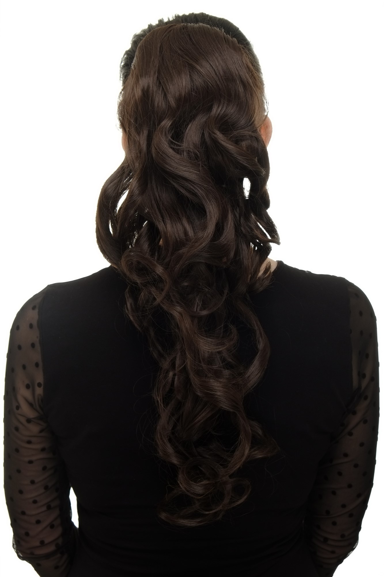 Hairpiece PONYTAIL with combs and elastic draw string curly voluminous very long chocolate brown, front view, WIG ME UP: Your Perücken Online Shop Ponytails, medium brown, curled, long