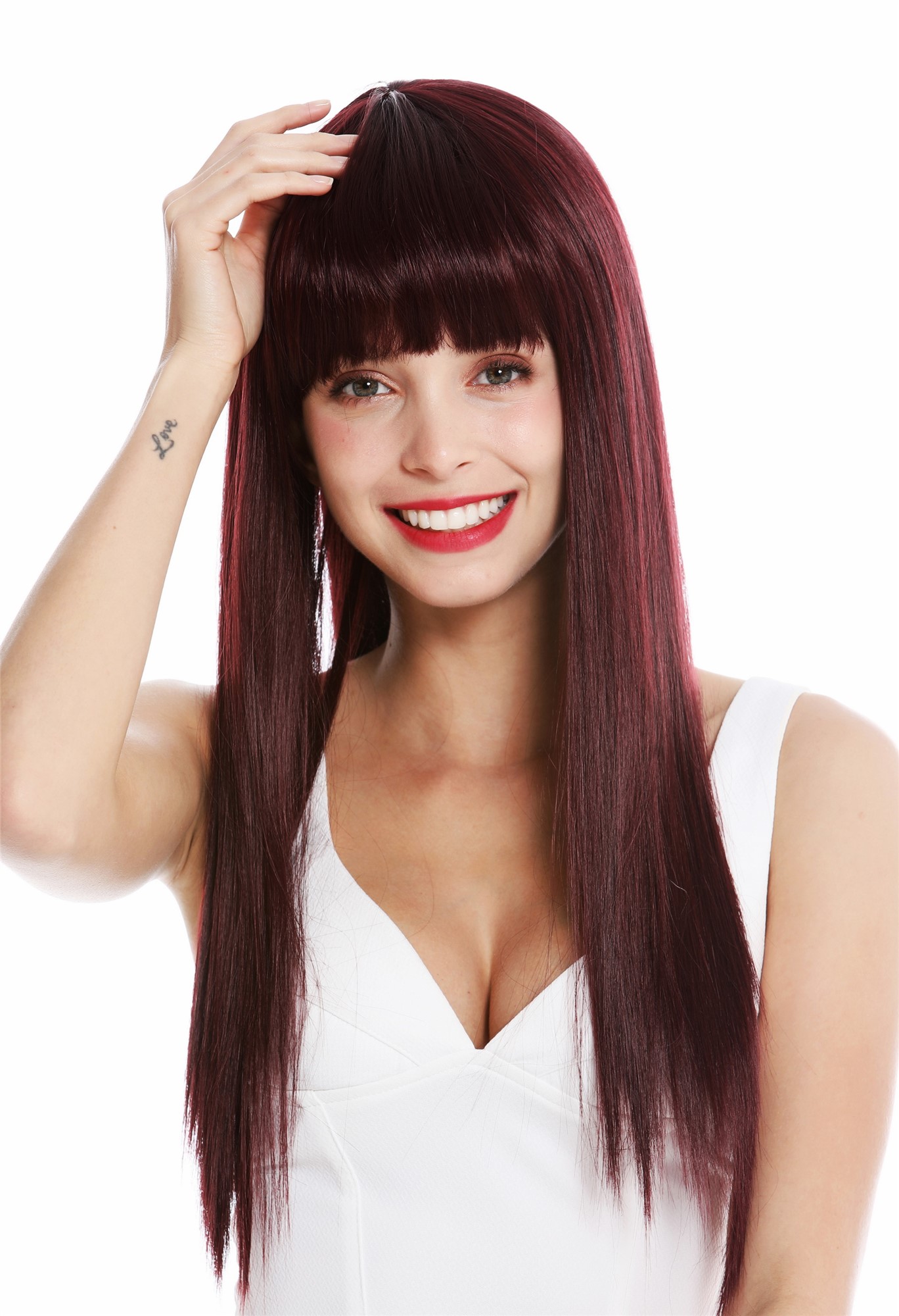 Women's wig long sleek straight long fringe parted bordeaux red VK-8, front view, WIG ME UP: Your Perücken Online Shop Quality Wigs, Ladies, eggplant red, straight, long