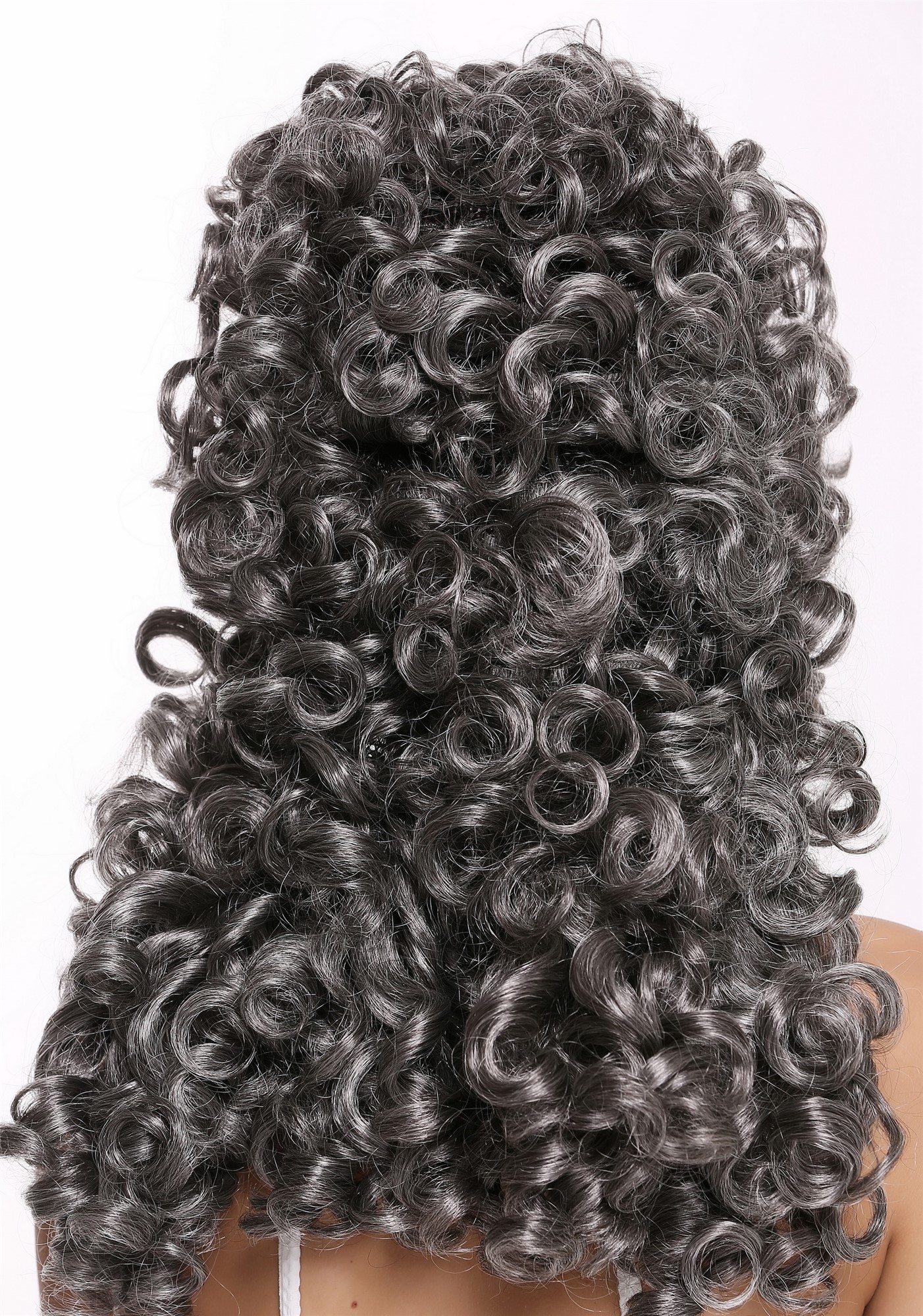 hochwertige Qualitätsperücken, Perücke Lang Locken Barock Renaissance Edelmann Grau B17-2P-B-44, Ansicht 4, WIG ME UP: Ihr Perücken Online Shop lockige Tressen-Perücke mit Gummizug Dunkelbraun-Grau-Mix lange Haare für Herren