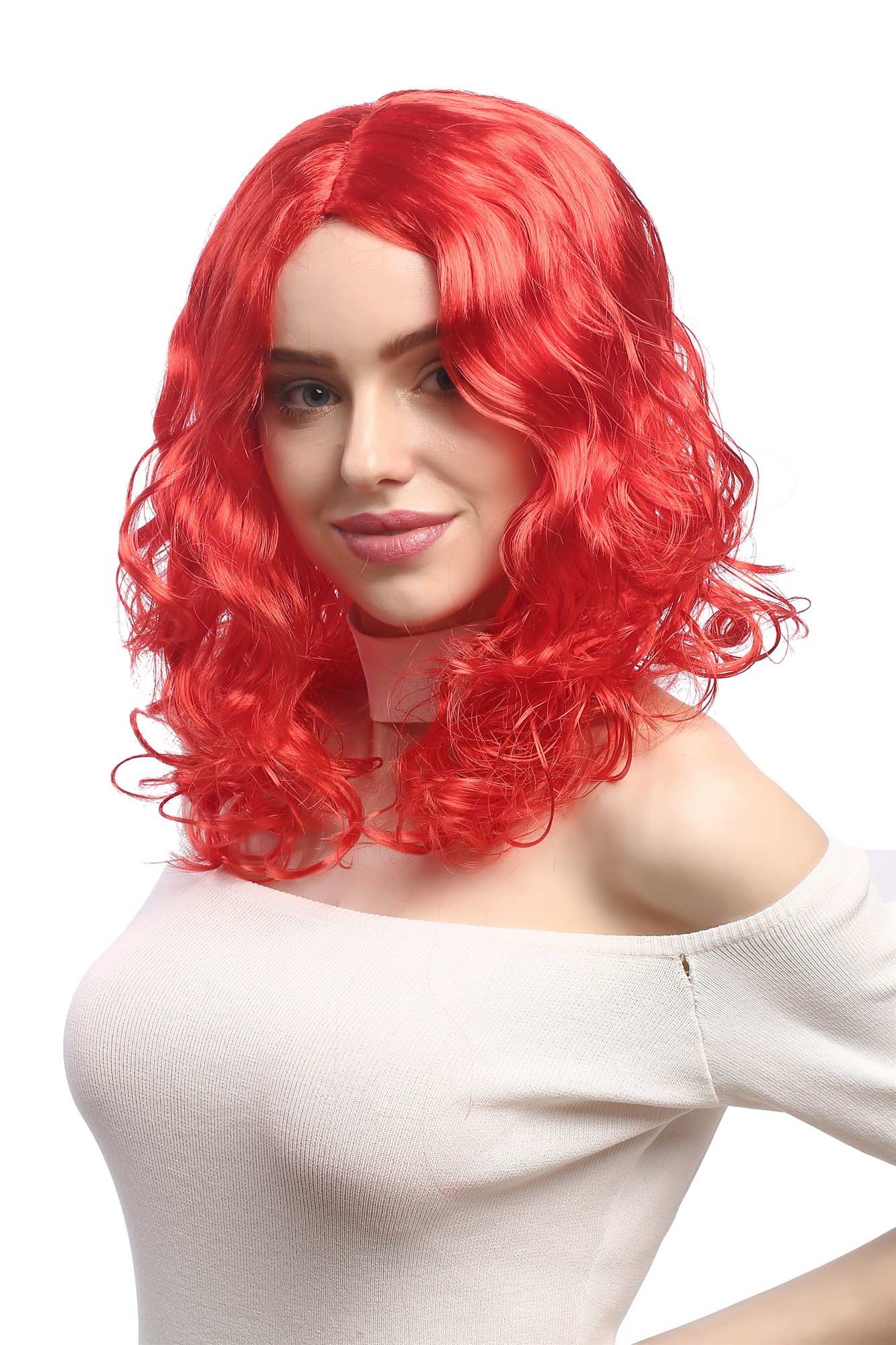 Lady Party Wig Halloween Fancy Dress long very voluminous curly curls middle-parting red 20", front view, WIG ME UP: Your Perücken Online Shop Party Wig, Ladies, bright red, curled, long
