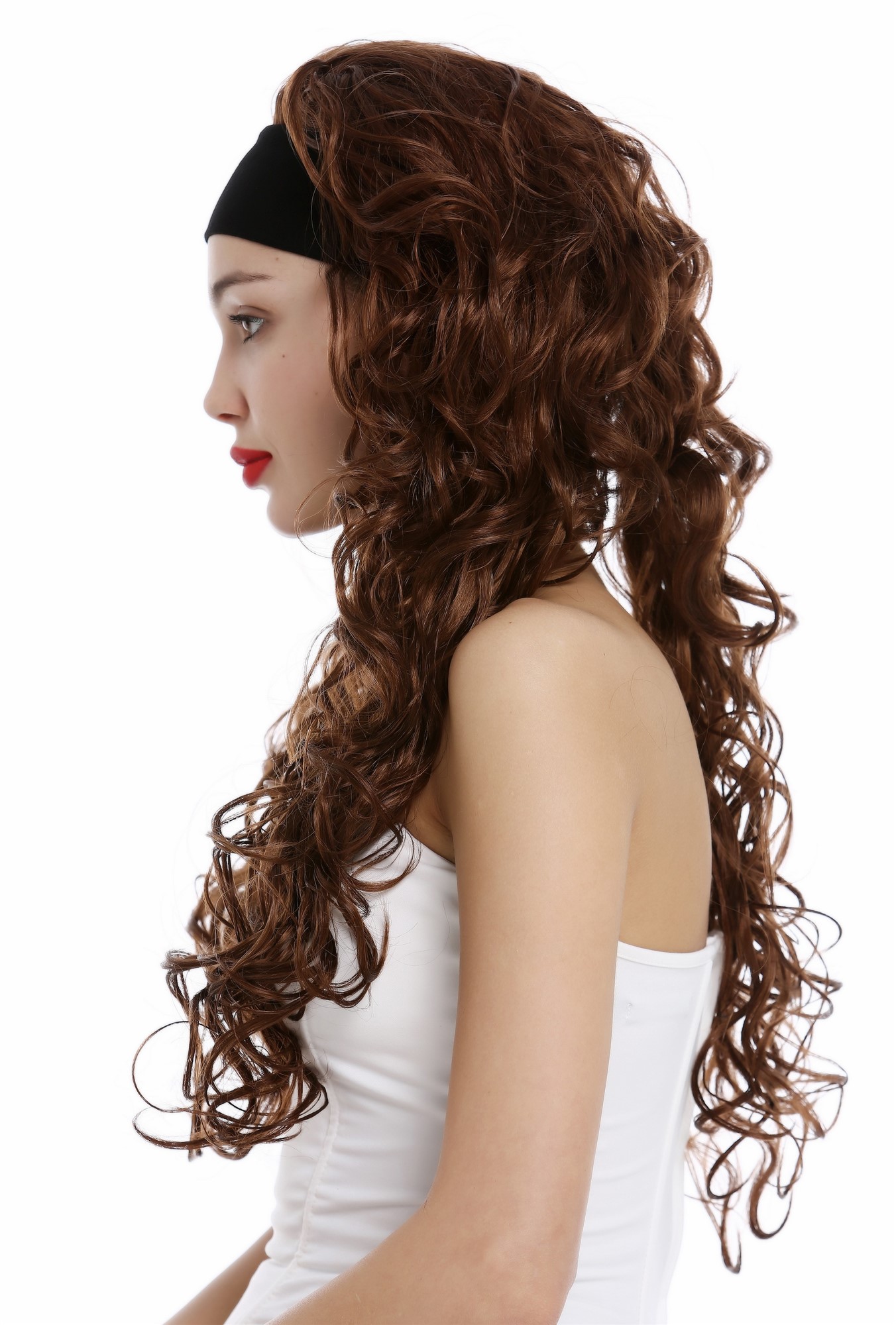 hochwertige Qualitätsperücken, Perücke Stirnband lang gelockt Kupferbraun Rotbraun VK-27-30, Ansicht 3, WIG ME UP: Ihr Perücken Online Shop lockige Tressen-Perücke mit Stirnband Kupferbraun lange Haare für Damen