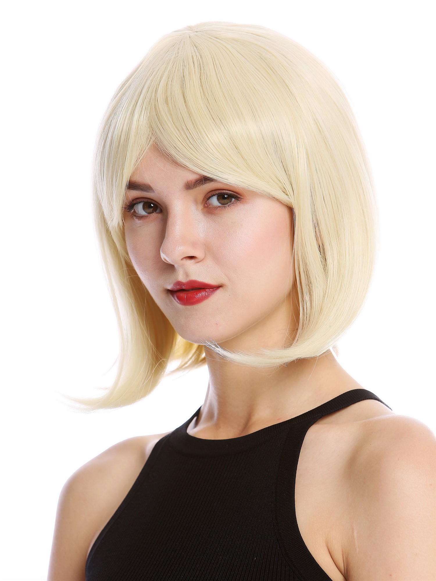 hochwertige Qualitätsperücken, Perücke kurz Longbob Pony glatt Hellblond YZF-4366-613C, Vorderansicht, WIG ME UP: Ihr Perücken Online Shop glatte Tressen-Perücke mit Kopfhaut-Imitat Hellblond kurze Haare für Damen