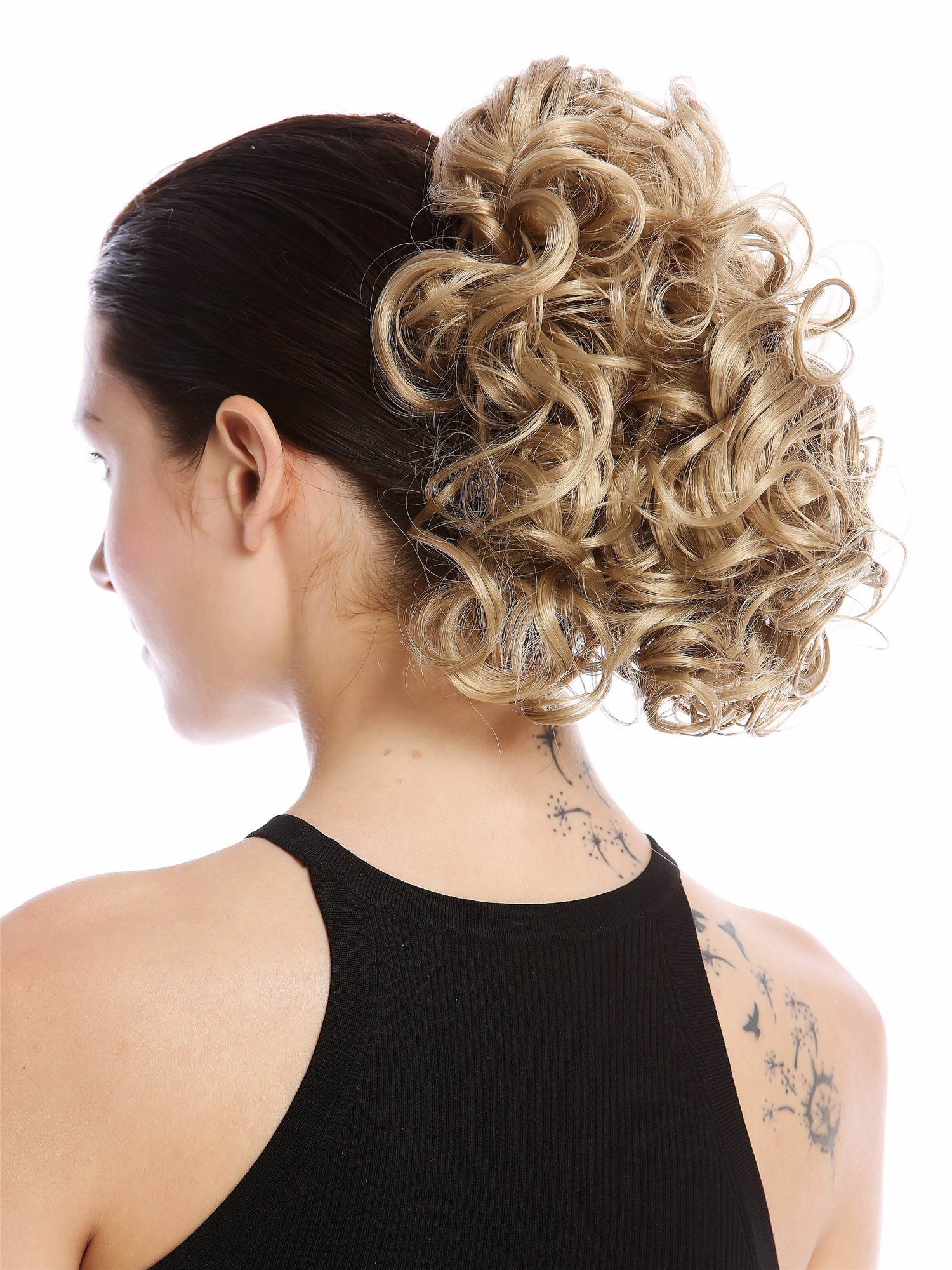 hochwertiger Zopf Pferdeschwanz Voluminös Gelockt Kurz Blond MKB-22-V-25, Vorderansicht, WIG ME UP: Ihr Perücken Online Shop lockiges Zopf-Haarteil Aschblond 25 cm lang