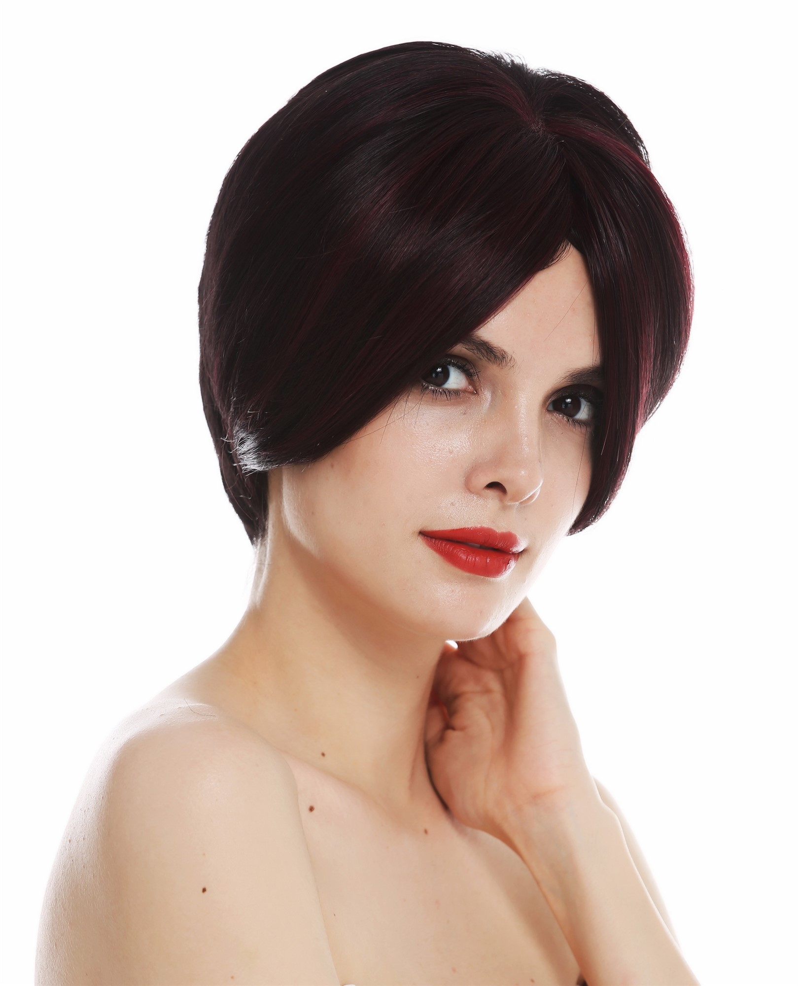 Monofilament women's wig short parting sleek brown red highlights TYM-483-MT, front view, WIG ME UP: Your Perücken Online Shop Quality Wigs, Ladies, red-brown mix, straight, short