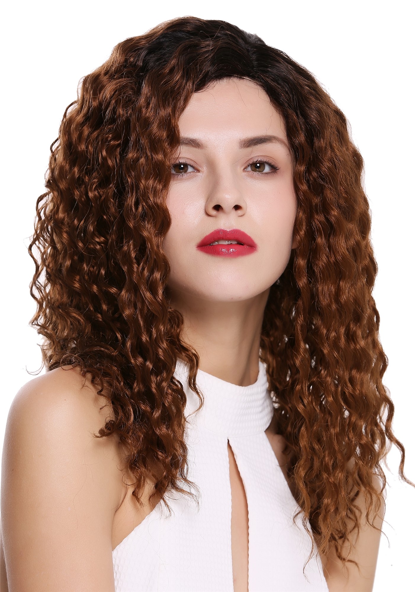 hochwertige Qualitätsperücken, Perücke Afro Locken gekreppt Seitenscheitel Ombre Schwarz Kupferbraun 803AD-YS1+30, Vorderansicht, WIG ME UP: Ihr Perücken Online Shop lockige Tressen-Perücke mit Kopfhaut-Imitat Kupferbraun-Tiefschwarz-Mix lange Haare für Damen