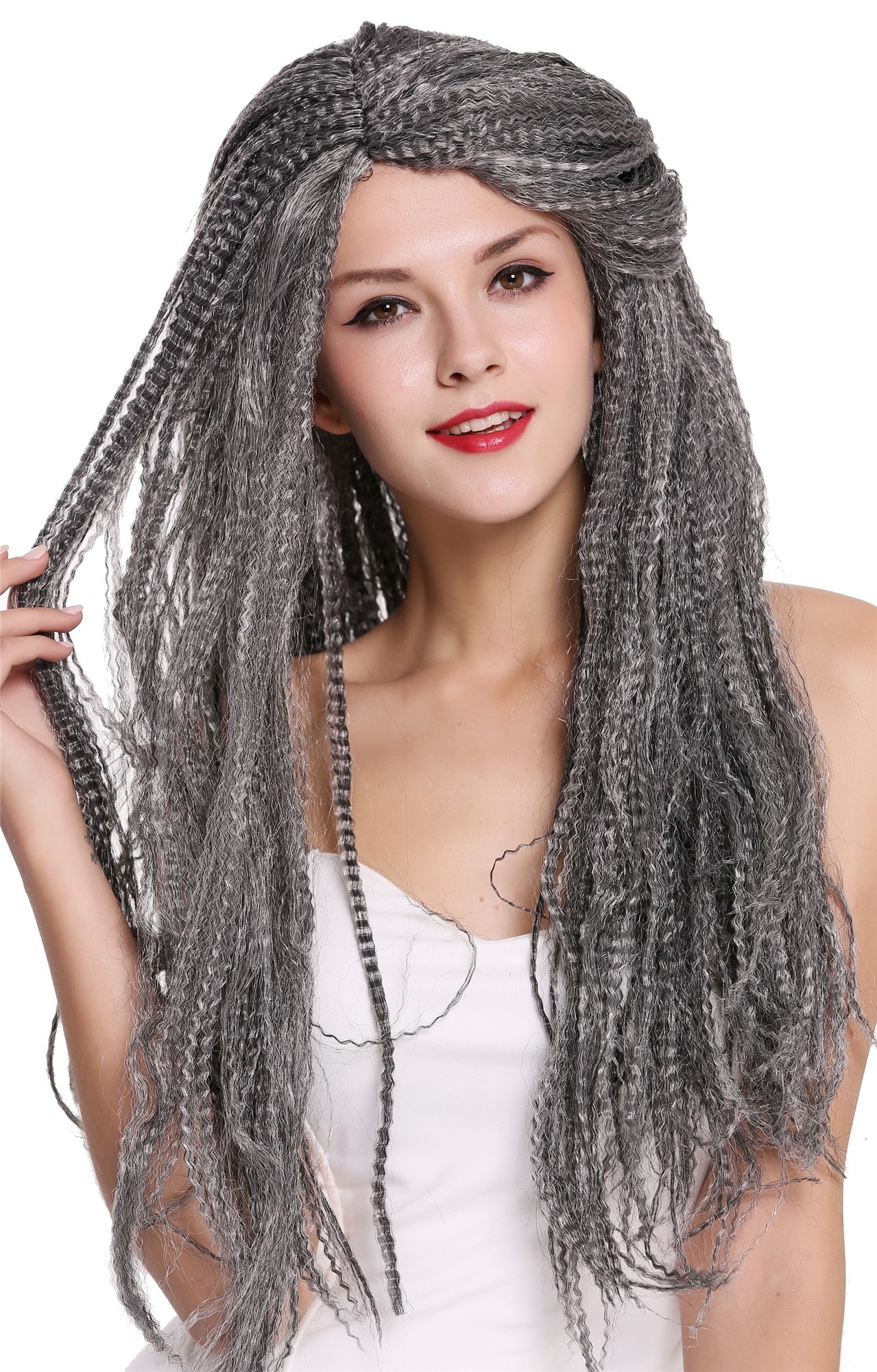 günstige Party Perücke, Perücke Krepplocken Schwarz Grau Hippie Hexe 09428-ZA103/ZA68A, Vorderansicht, WIG ME UP: Ihr Perücken Online Shop lockige Party Perücke Grau lange Haare Unisex