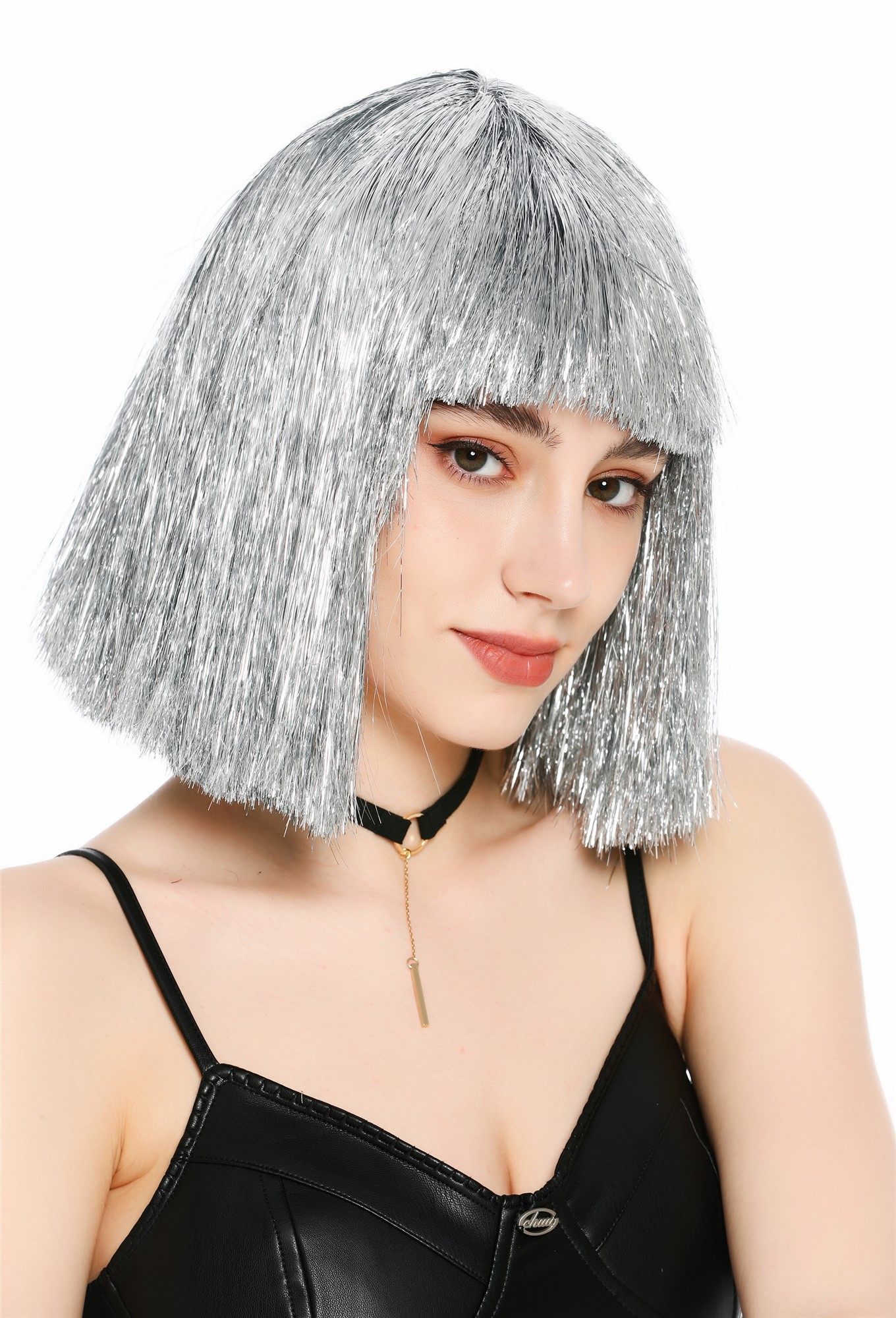 Perücke Damen Glitzer Lametta Tinsel Look Longbob Pony Disco Glam Silber VK-42-TN12