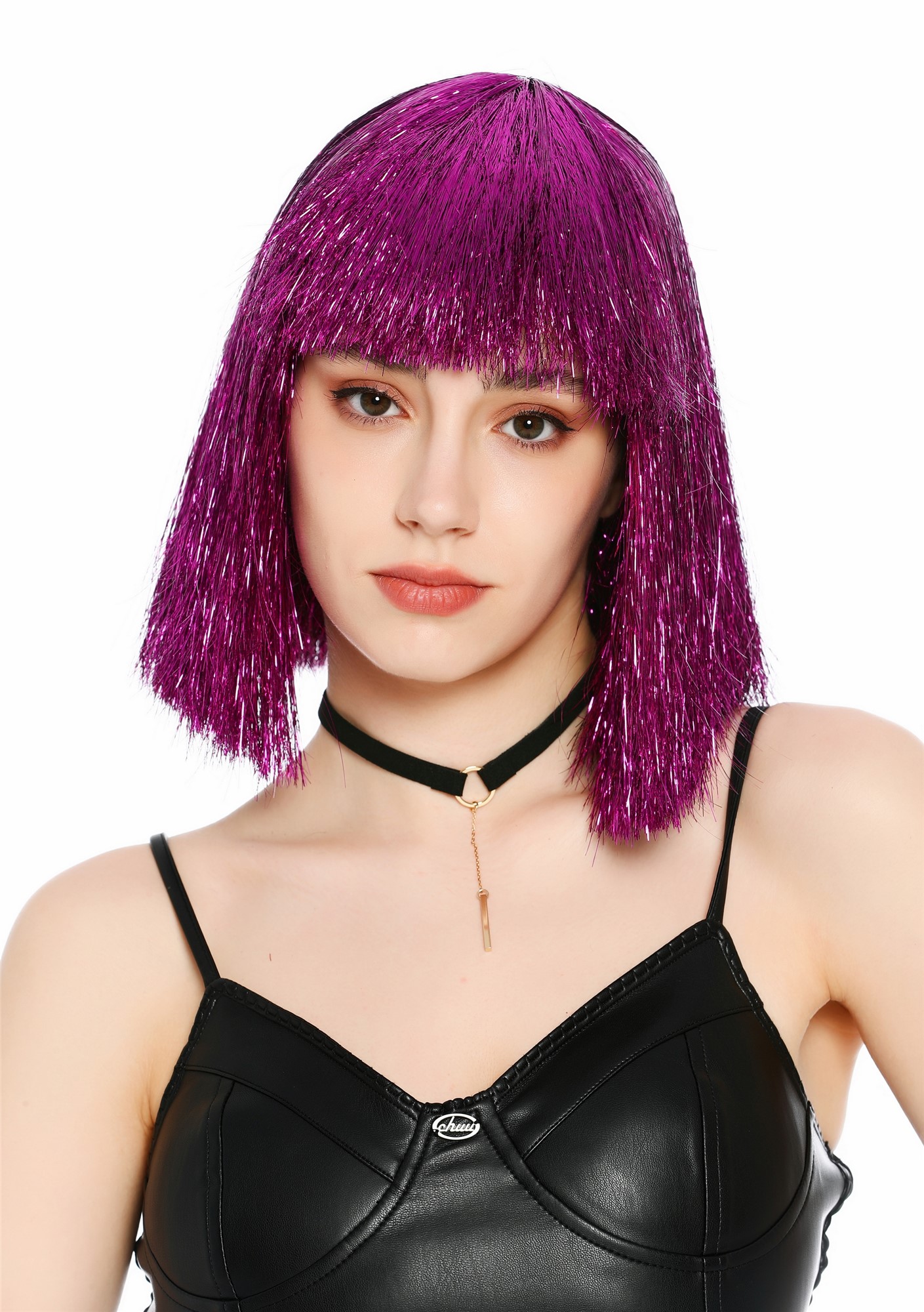 Perücke Damen Glitzer Lametta Tinsel Look Longbob Pony Disco Lila VK-42-TN19