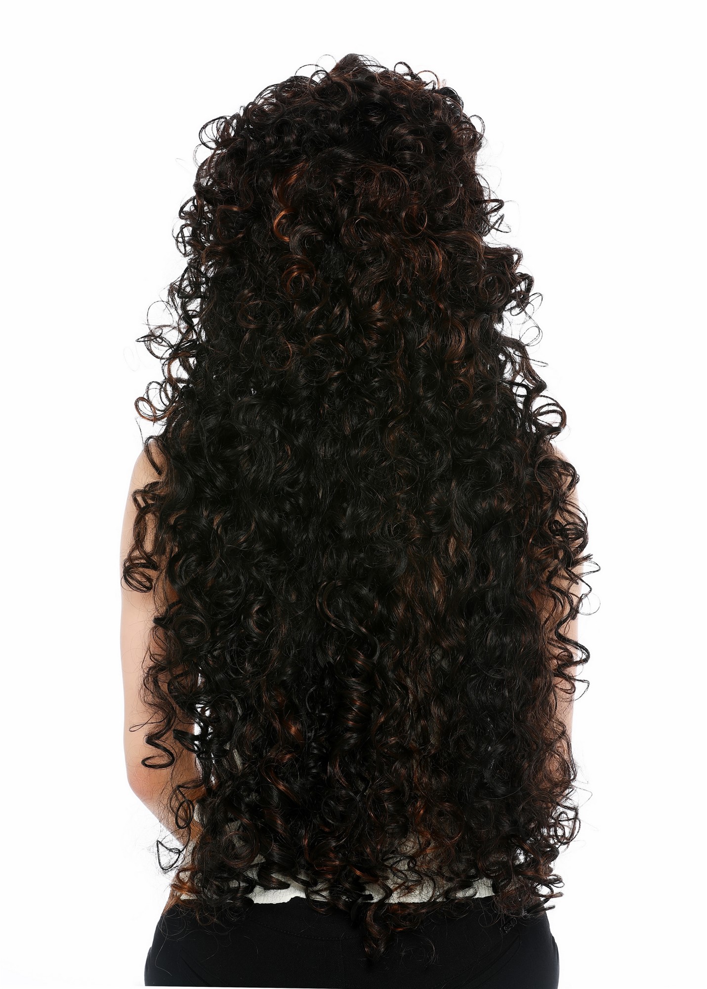 Perücke Damen sehr lang wild gelockt Locken Dunkelbraun Kupferbraun gesträhnt VVK-59-2H30