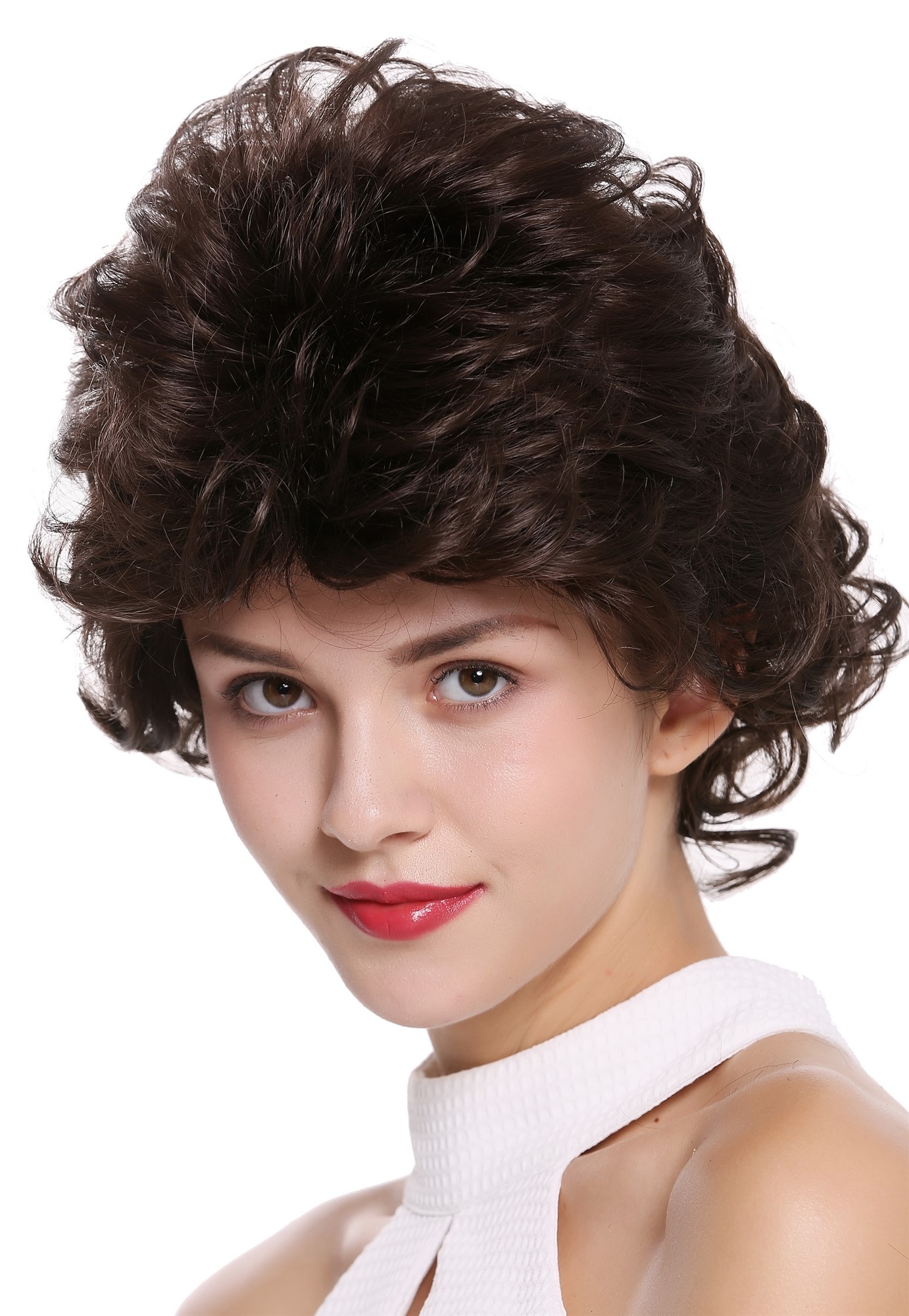 hochwertige Qualitätsperücken, Perücke kurz toupiert 80er Jahre Braun M-270-6, Ansicht 2, WIG ME UP: Ihr Perücken Online Shop wellige Tressen-Perücke Mittelbraun kurze Haare für Damen