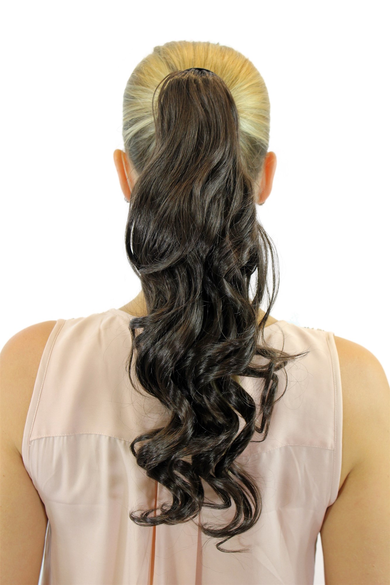 ROSY-10 Hairpiece PONYTAIL with comb and snapwrap long wavy slightly curled medium brown 18", front view, WIG ME UP: Your Perücken Online Shop Ponytails, light brown, wavy, shoulder-length