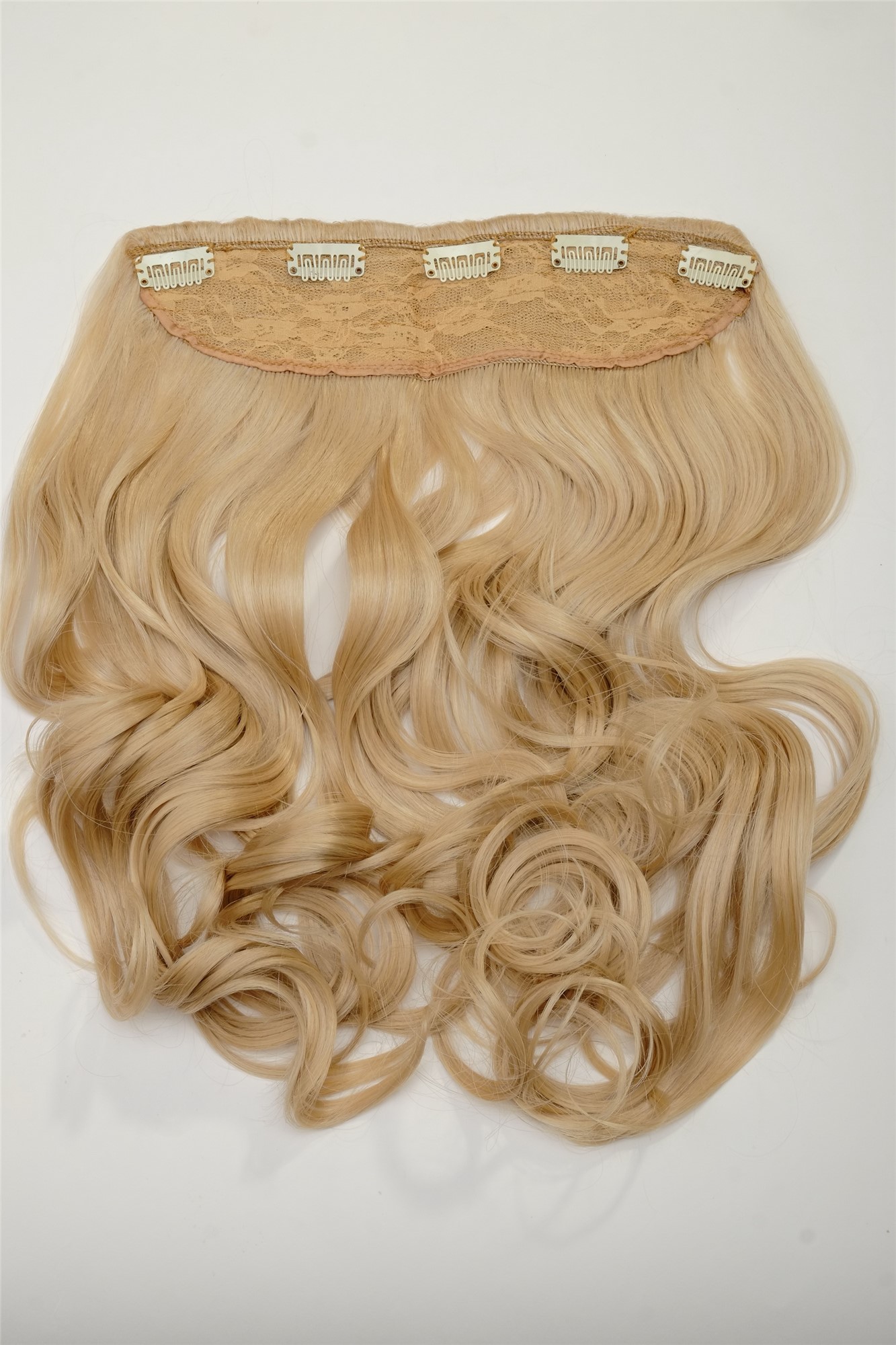 Haarverlängerung 5 Clips lockig mittelblond WH5008-180C-26, Ansicht 2, WIG ME UP: Ihr Perücken Online Shop lockige Halbperücke Hell-Goldblond 50 cm lang