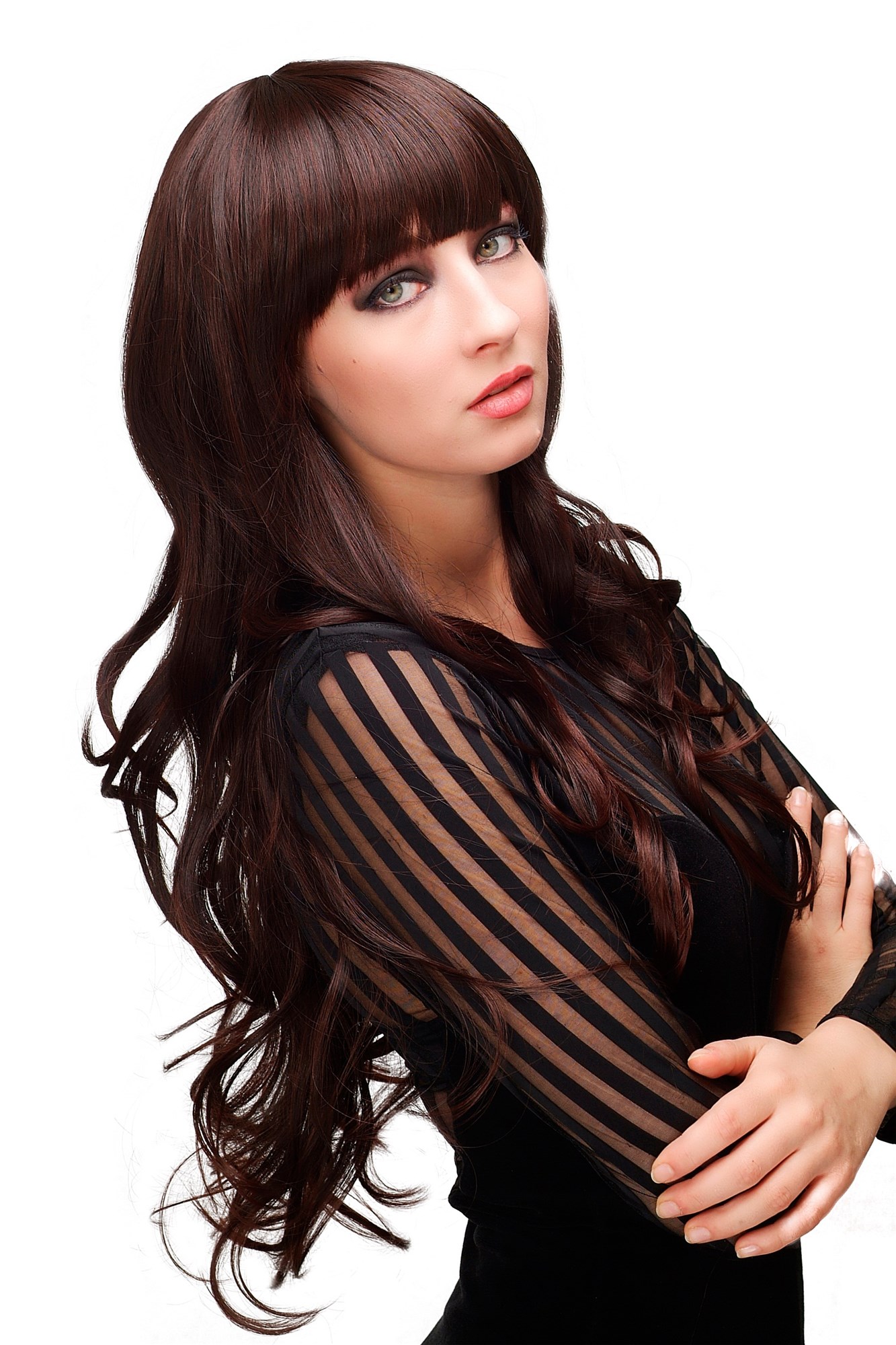 Lady  Wig LONG straight slightly wavy cute bangs fringe DARK BROWN + strands mahogany, view 4, WIG ME UP: Your Perücken Online Shop Quality Wigs, Ladies, Brown, wavy, long