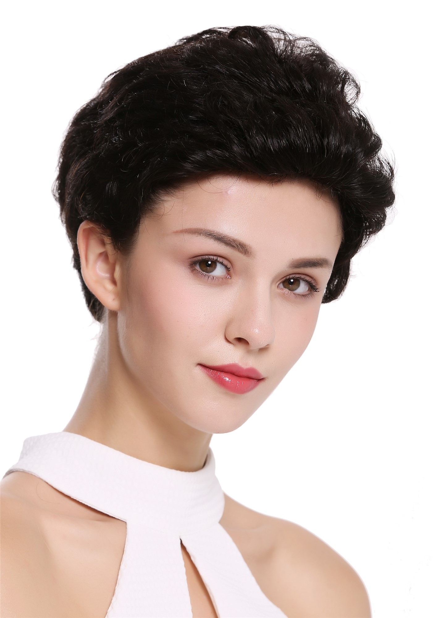 hochwertige Qualitätsperücken, Perücke Echthaar Herren Damen kurz Tolle Schwarzbraun ungefärbt B-HH-12-0, Vorderansicht, WIG ME UP: Ihr Perücken Online Shop wellige Tressen-Perücke mit Klebeflächen 100% Echthaar natur, ungefärbt kurze Haare für Unisex