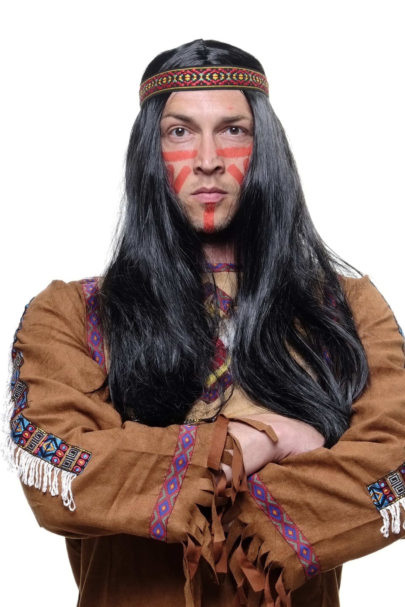Party Halloween wig man woman black long headband Indian Native American LM3049, front view, WIG ME UP: Your Perücken Online Shop Party Wig, Ladies, Black, straight, long