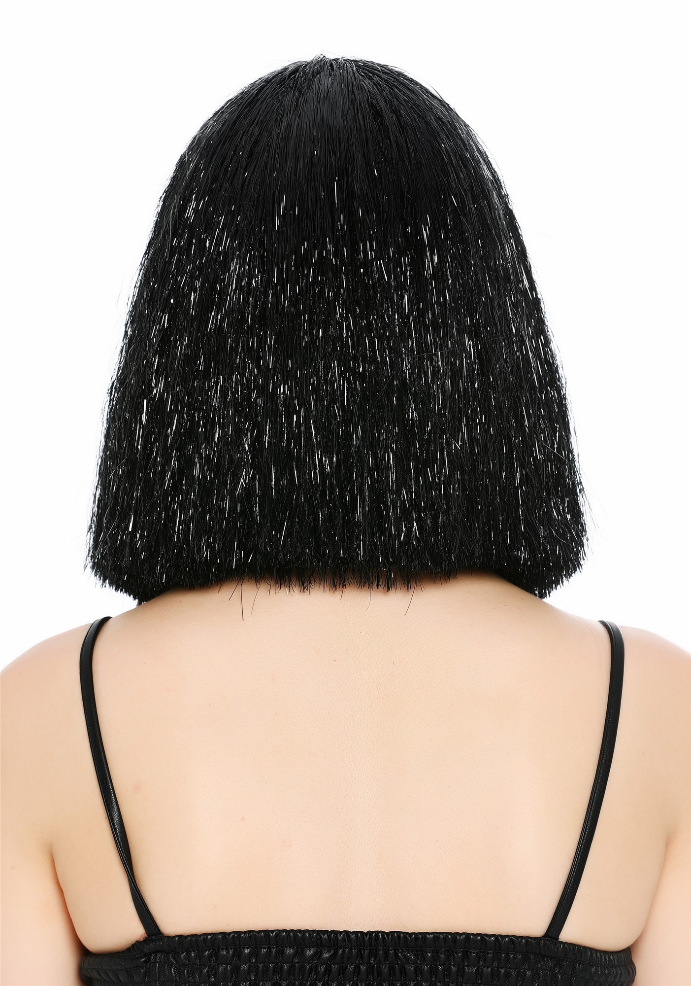 Perücke Damen Glitzer Lametta Tinsel Look Longbob Pony Disco Glam Schwarz VK-42-TN18