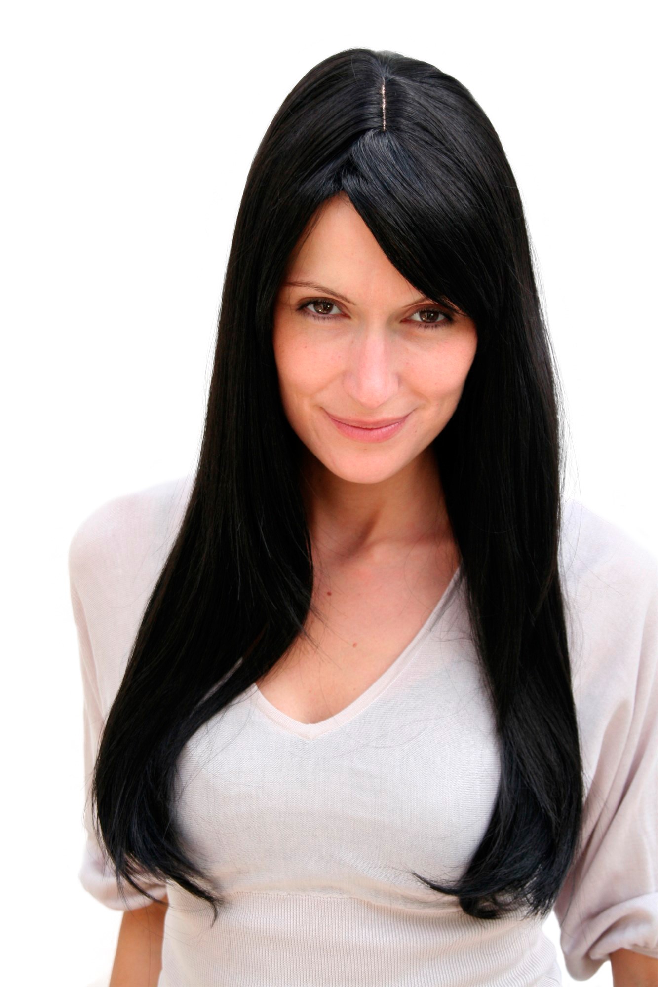Lady women wig raven black fringe parted to side straight long Gothic 3115, front view, WIG ME UP: Your Perücken Online Shop Quality Wigs, Ladies, black-brown, straight, long