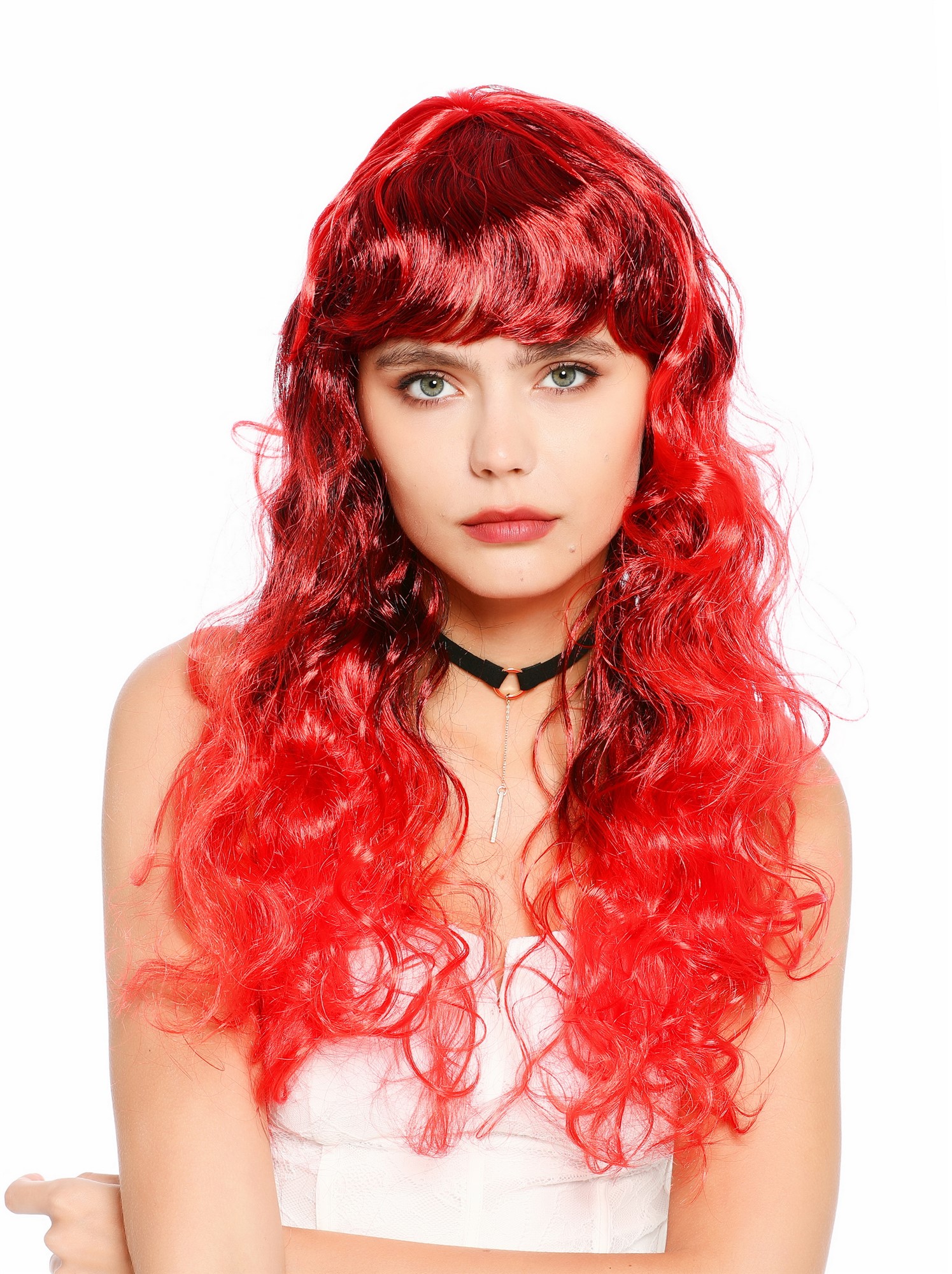 lockige Party-Perücke Rot mit schwarzen Strähnen 65 cm lange Perücke für Damen