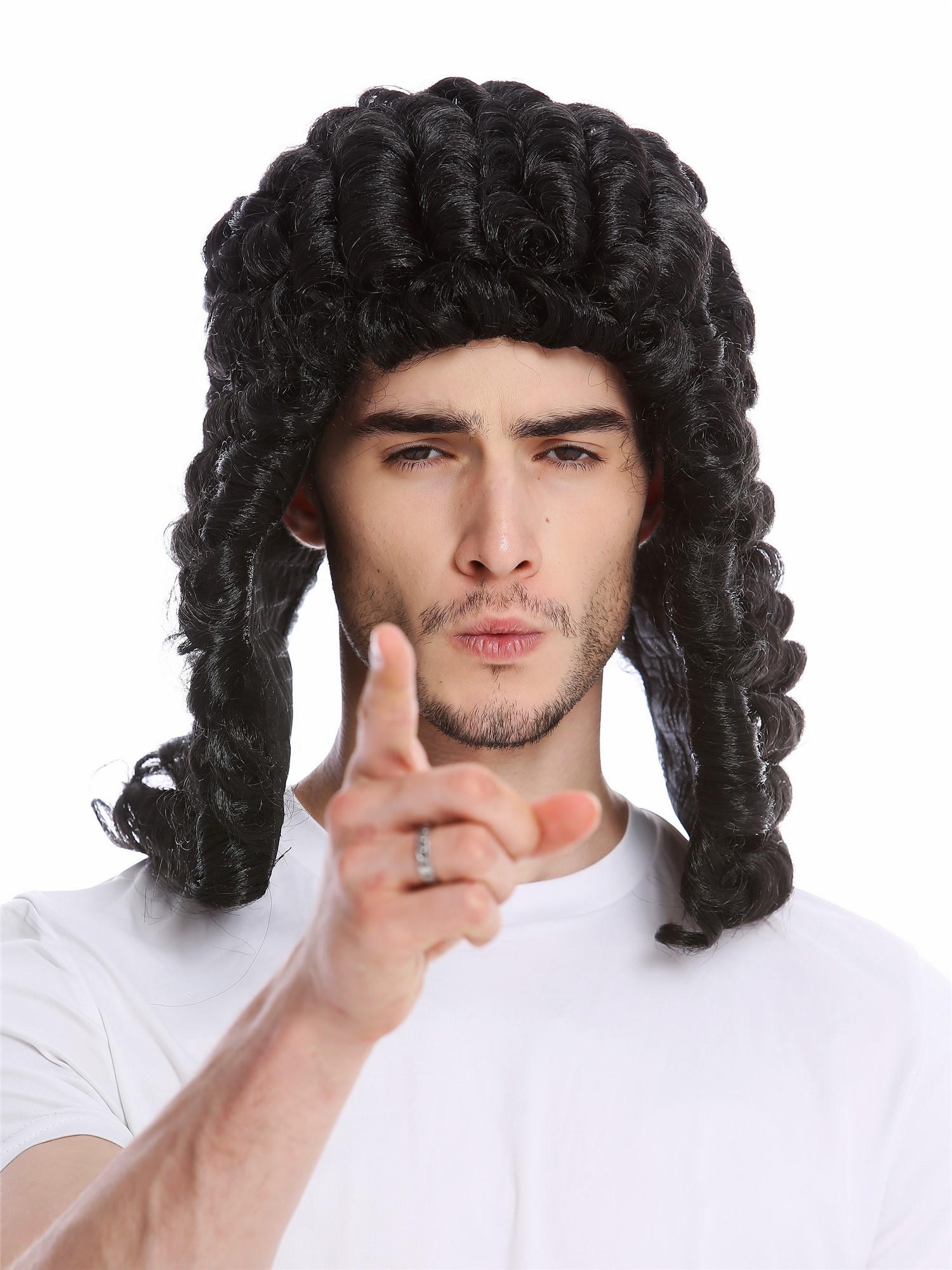 günstige Party Perücke, Perücke Richter Lord Edelmann Barock Schwarz Locken PW0171-P103, Ansicht 2, WIG ME UP: Ihr Perücken Online Shop lockige Party Perücke Schwarz schulterlange Haare für Herren