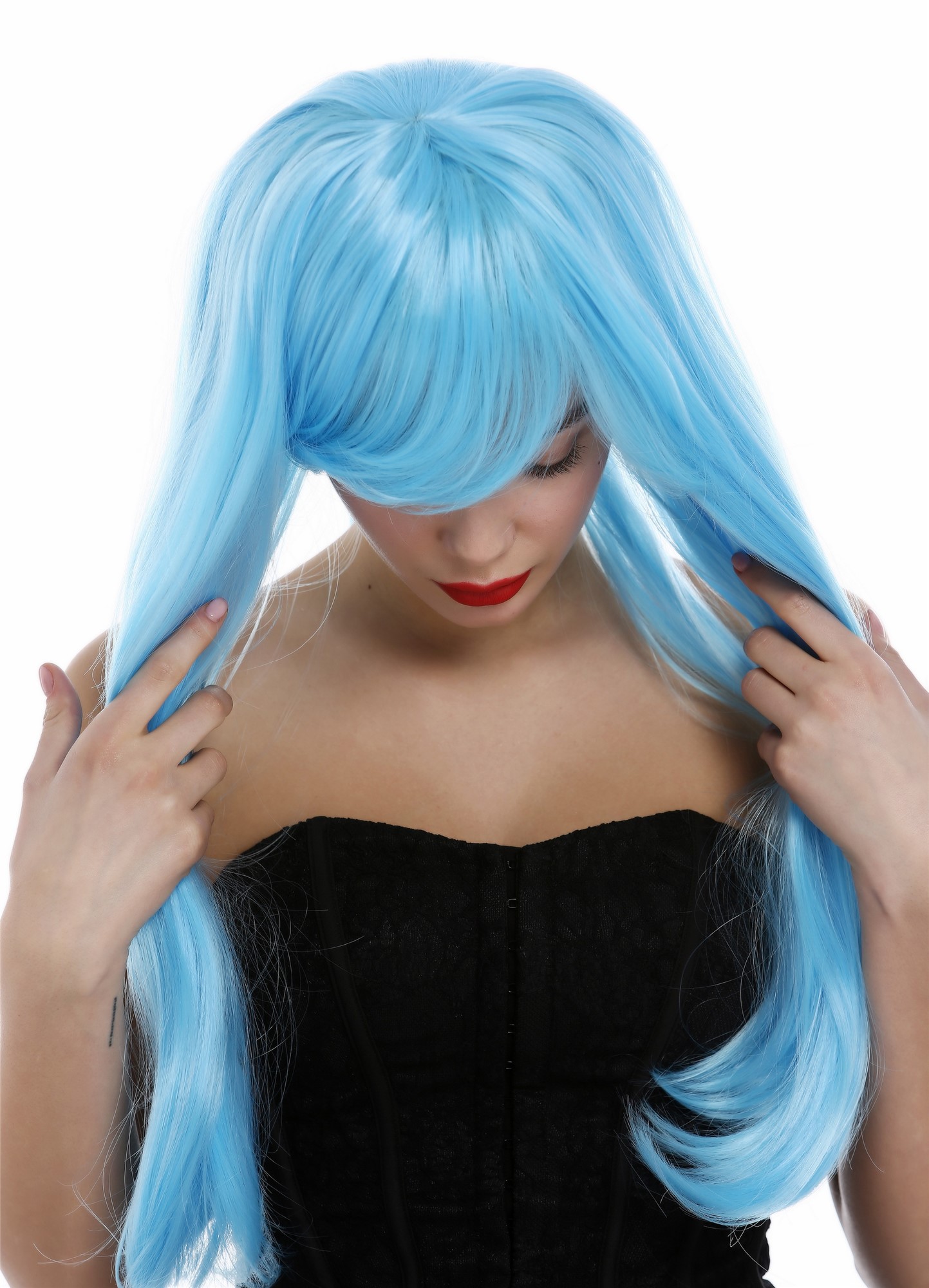 hochwertige Qualitätsperücken, Perücke lang sleek glatt Scheitel hellblau 0825-TF2513B, Ansicht 5, WIG ME UP: Ihr Perücken Online Shop glatte Tressen-Perücke Hellblau lange Haare für Damen