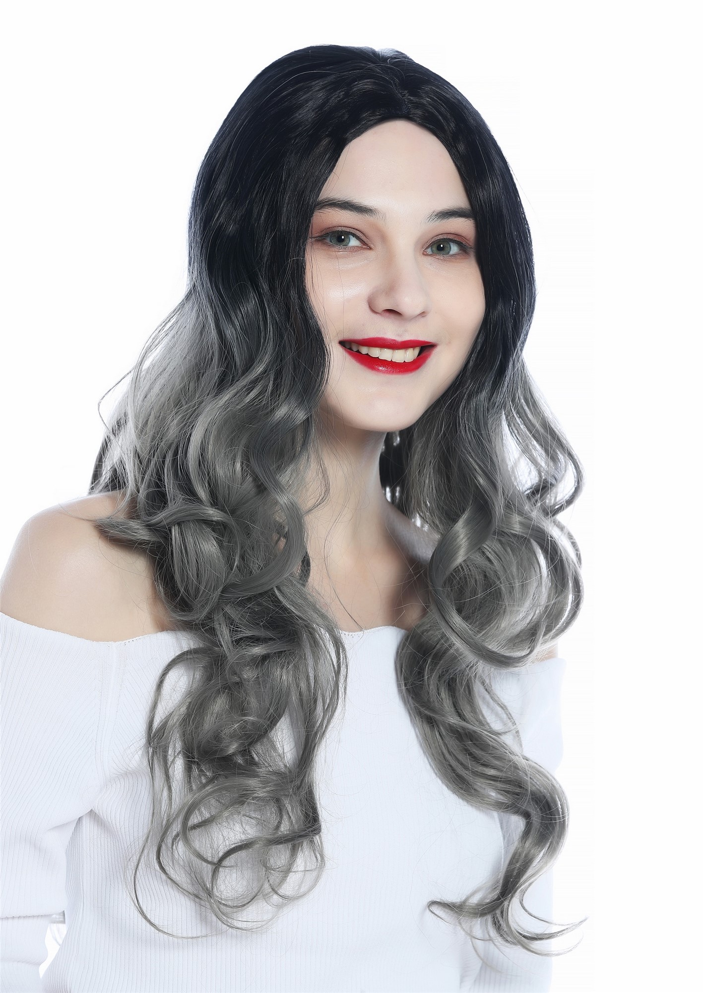 Ladies' Wig very long slightly curled middle-parting ombre black to grey ZM-1029, view 2, WIG ME UP: Your Perücken Online Shop Quality Wigs, Ladies, black-gray gradient, curled, long