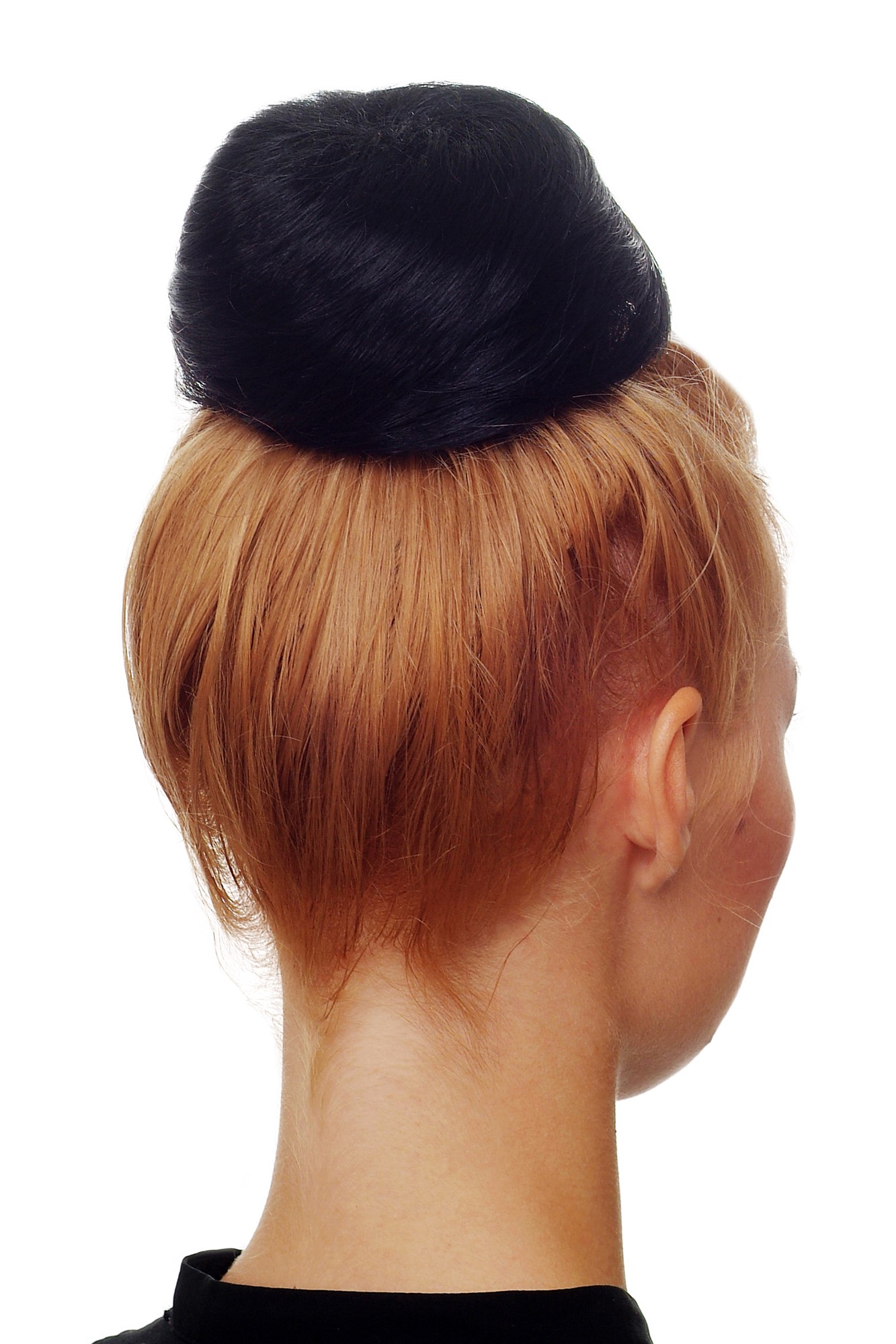 Haarknoten Dutt 60er Vintage Schwarz Modell: NHA-004D, Vorderansicht, WIG ME UP: Ihr Perücken Online Shop glatter Dutt Haarteil Schwarz