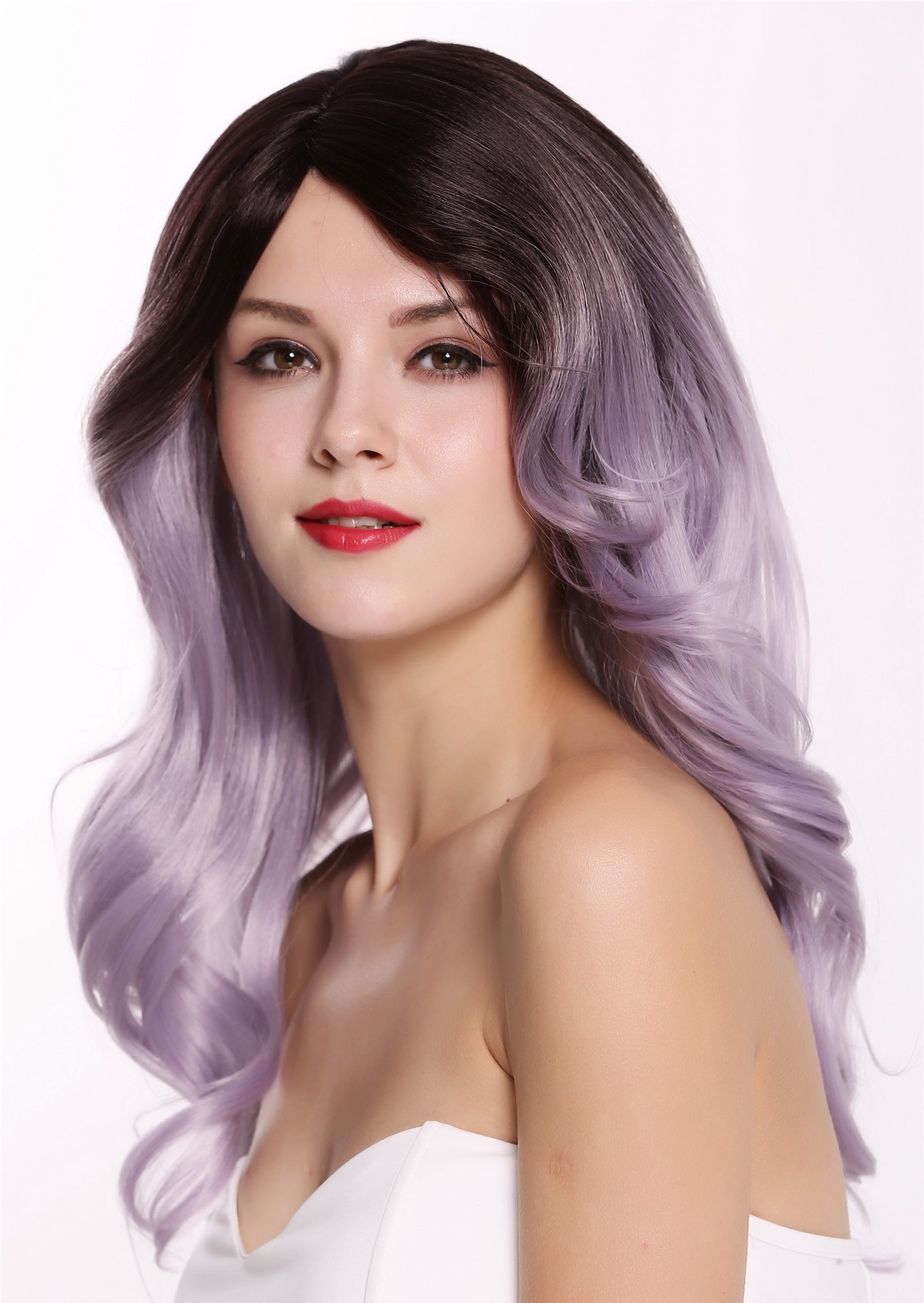 hochwertige Qualitätsperücken, Perücke Lang Wellig Dunkelbraun Lila Grau Mix Ombre RGF-5904LD-T4/GRAY, Ansicht 3, WIG ME UP: Ihr Perücken Online Shop wellige Tressen-Perücke mit Kopfhaut-Imitat Dunkelbraun Lila Grau Mix lange Haare für Damen