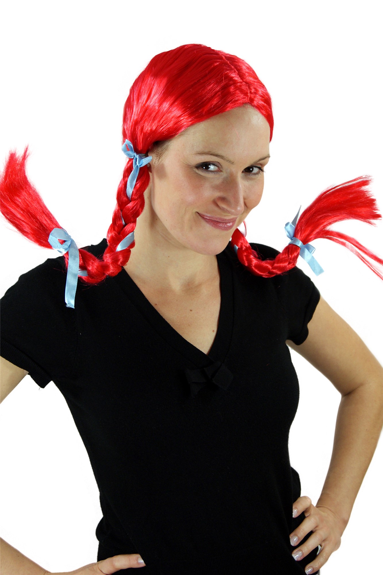 Party/Fancy Dress Lady WIG long 2 stiff Plaids BRAIDS pigtails NAUGHTY RUBY RED Gothic Lolita, front view, WIG ME UP: Your Perücken Online Shop Party Wig, Ladies, Red, Braided, long