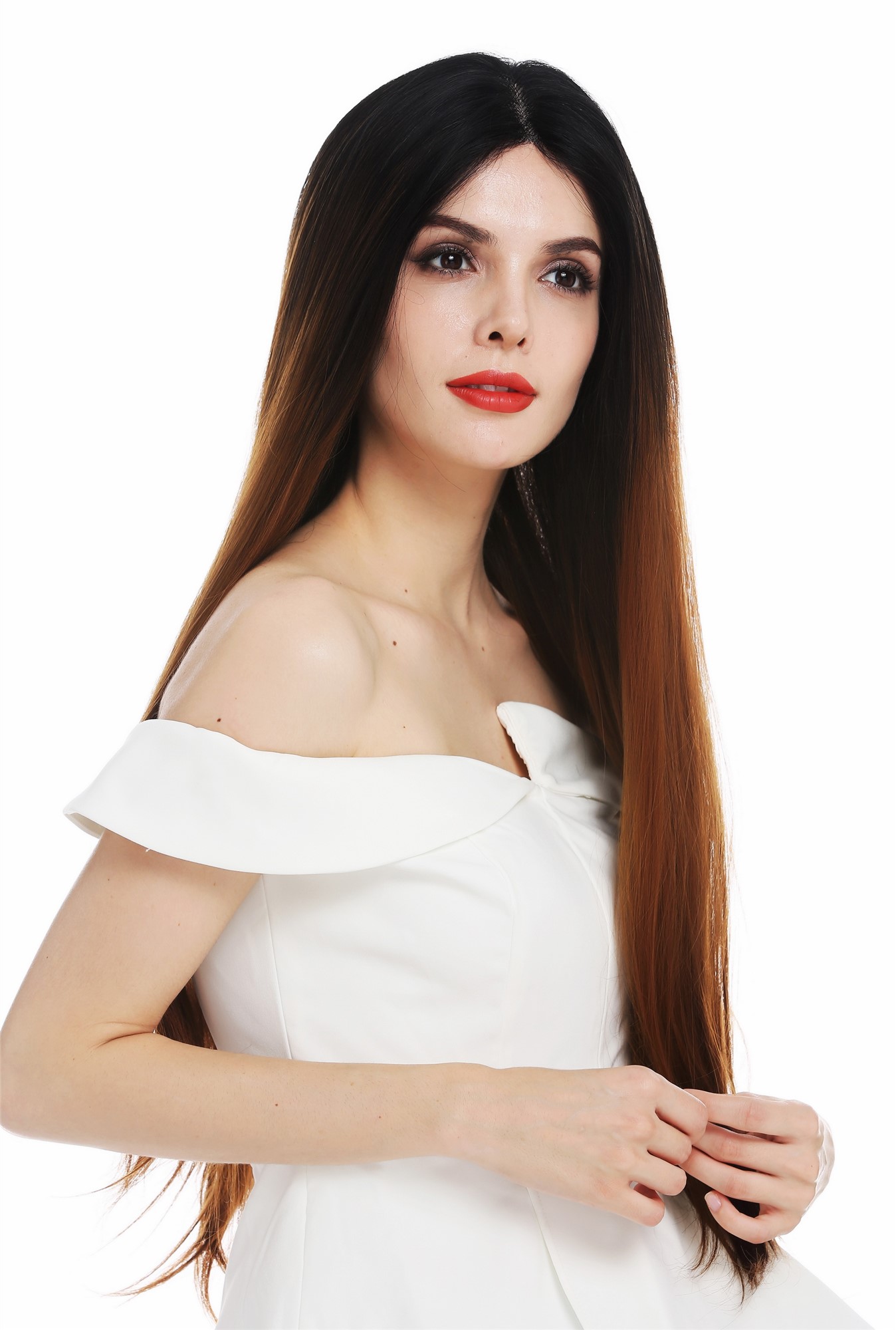 Lady wig lace front monofilament long sleek black copper brown ombre DW2730-MF, front view, WIG ME UP: Your Perücken Online Shop Quality Wigs, Ladies, brown-black mix, straight, very long
