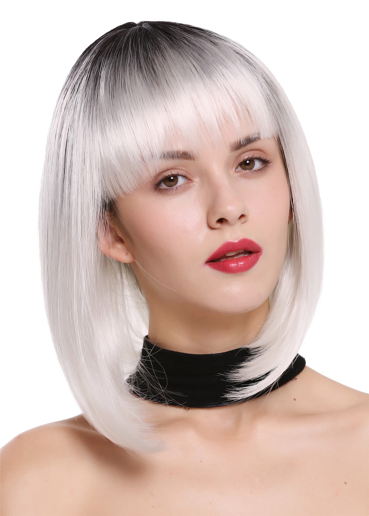 Lady wig Bob Longbob short sleek straight fringe bangs ombre black white DW2140Q, front view, WIG ME UP: Your Perücken Online Shop Quality Wigs, Ladies, deep black and flower white mix, straight, short