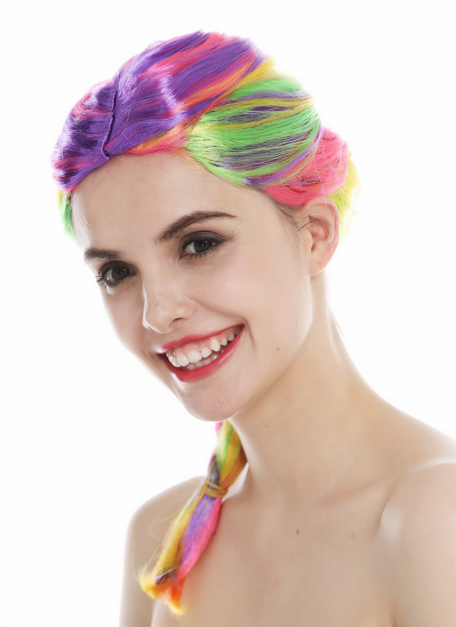 günstige Party Perücke, Perücke regenbogenfarben bunt Zopf geflochten lang 31946-FR-coloured, Ansicht 3, WIG ME UP: Ihr Perücken Online Shop geflochtene Party Perücke Lila,Rosa,Gelb,Grün schulterlange Haare für Damen