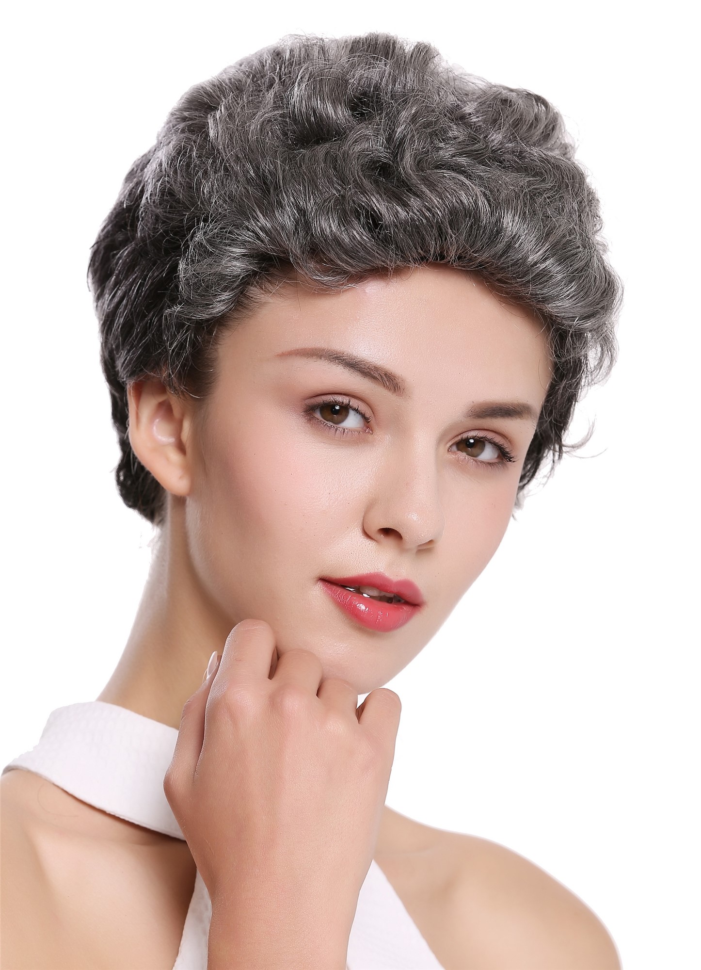 hochwertige Qualitätsperücken, Perücke Echthaar Herren Damen kurz Tolle Grau B-HH-12-GREY, Ansicht 2, WIG ME UP: Ihr Perücken Online Shop wellige Tressen-Perücke mit Klebeflächen 100% Echthaar Grau - Dunkelgrau kurze Haare für Unisex