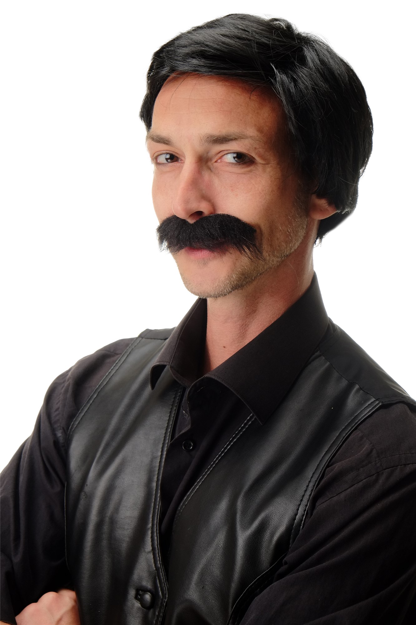 Wig & Mustache Man Bandit Columbian Cartel Boss Gangster Drug Lord black 4129, front view, WIG ME UP: Your Perücken Online Shop Party Wig, Men, Black, straight, short