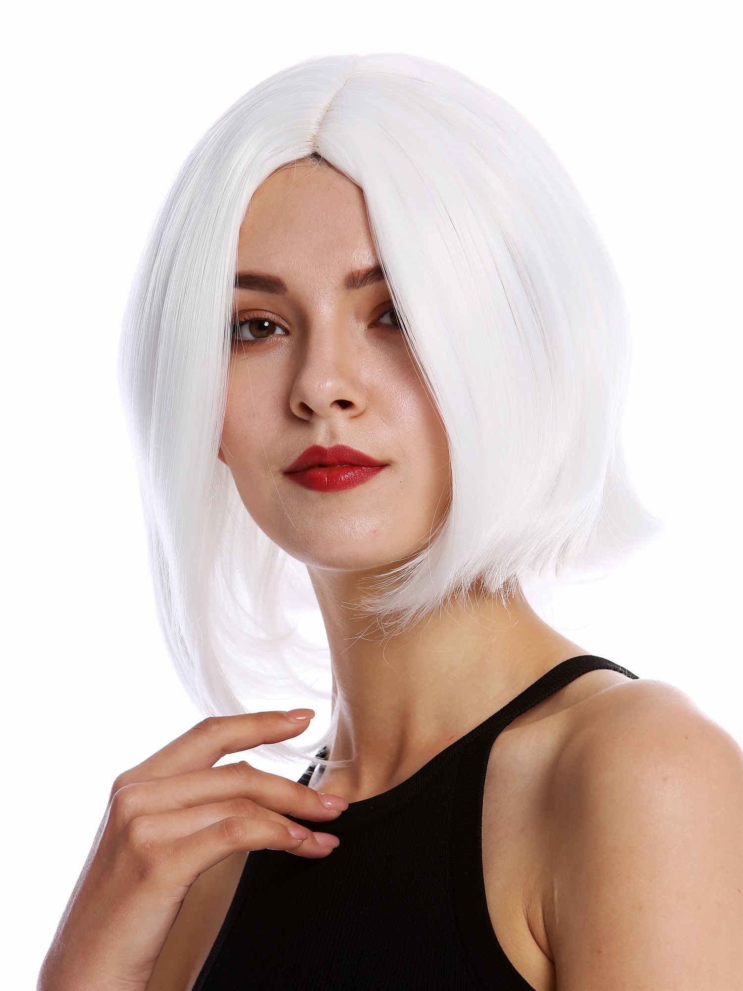 hochwertige Qualitätsperücken, Perücke kurz Longbob Mittelscheitel glatt Weiß YZF-4360-1001, Ansicht 3, WIG ME UP: Ihr Perücken Online Shop glatte Tressen-Perücke mit Kopfhaut-Imitat Weiß kurze Haare für Damen