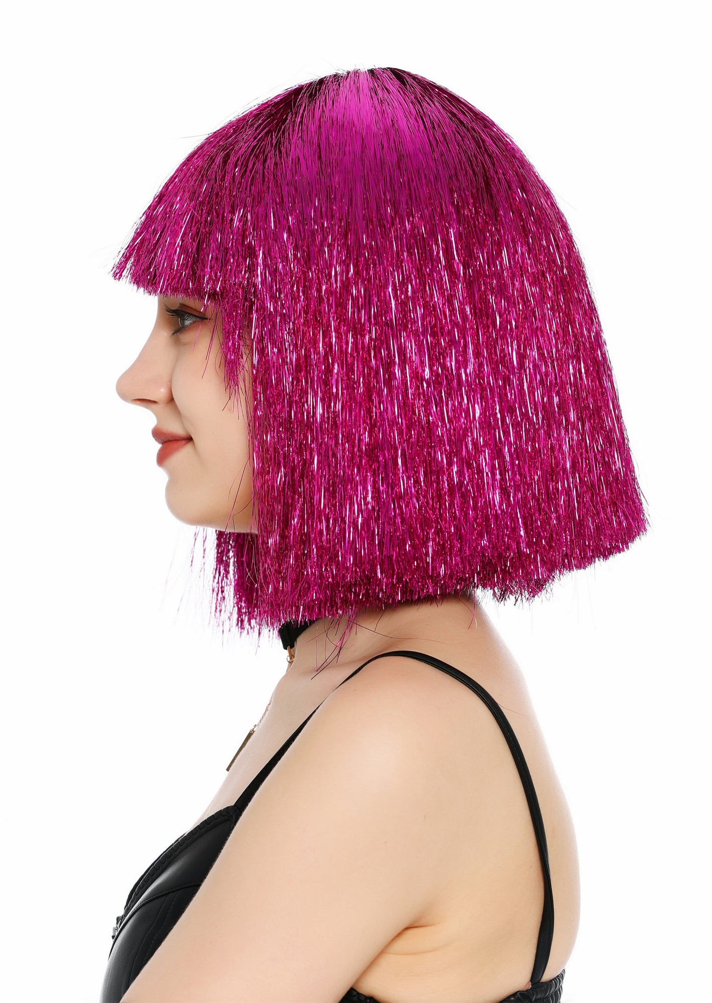 Perücke Damen Glitzer Lametta Tinsel Look Longbob Pony Disco Glam Pink Rosa VK-42-TN17