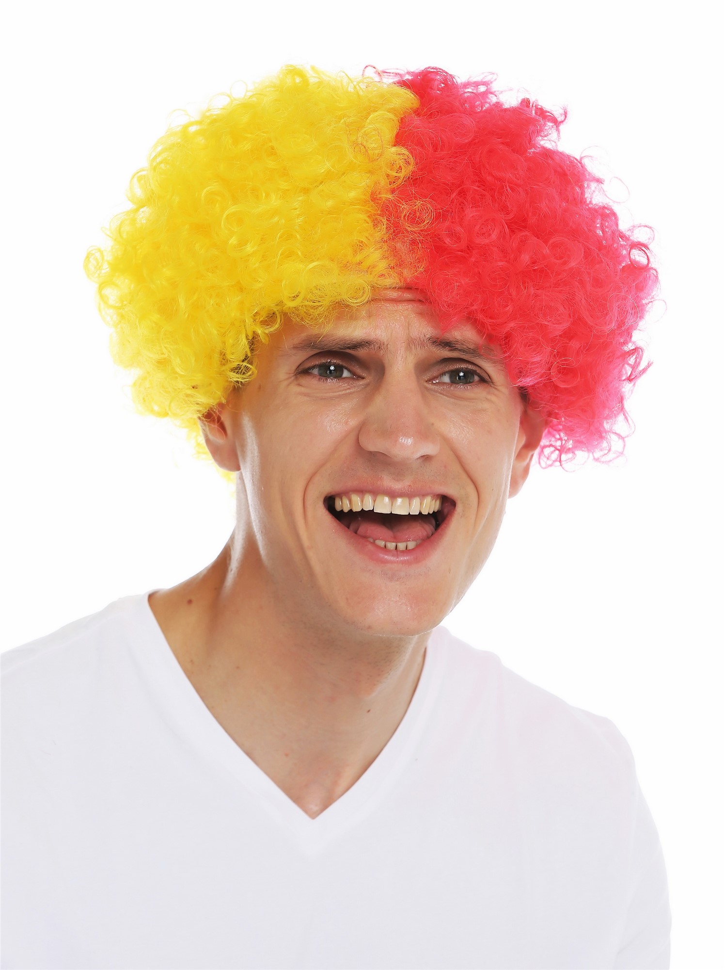 günstige Party Perücke, Perücke Afro Fan Clown Rot Gelb MMAM-15M-K120B+K3070, Ansicht 3, WIG ME UP: Ihr Perücken Online Shop lockige Party Perücke Knallrot-Knallgelb-Mix kurze Haare Unisex