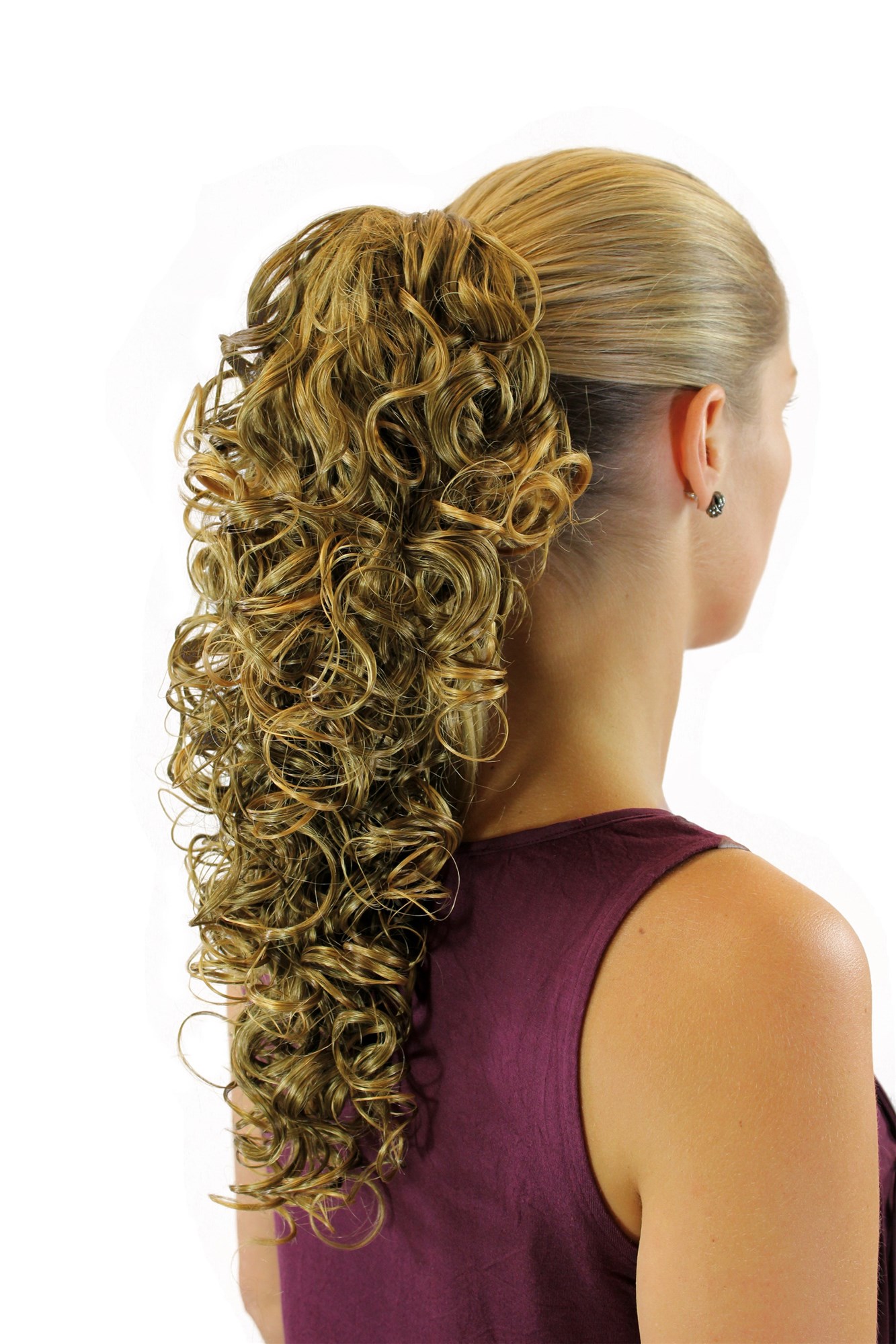 SC-26-9T25 Ponytail Hairpiece extension long curled curls claw clamp mixed brown streaked with blond 18", front view, WIG ME UP: Your Perücken Online Shop Ponytails, medium brown-light blonde mix, curled, shoulder-length