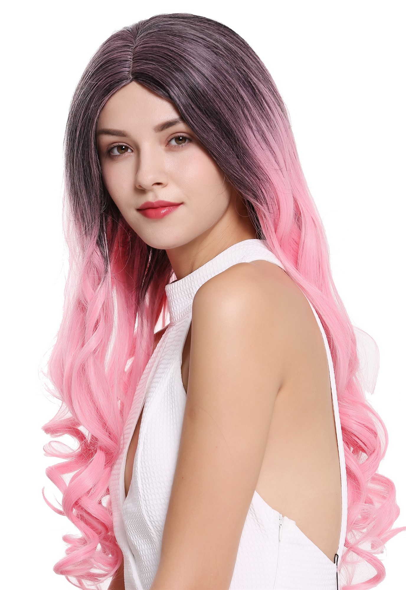 hochwertige Qualitätsperücken, Perücke lang Mittelscheitel Ombre Schwarz Rosa ZM-1707-1BT2311, Ansicht 3, WIG ME UP: Ihr Perücken Online Shop lockige Tressen-Perücke mit Kopfhaut-Imitat Schwarz-Hellrosa-Mix lange Haare für Damen