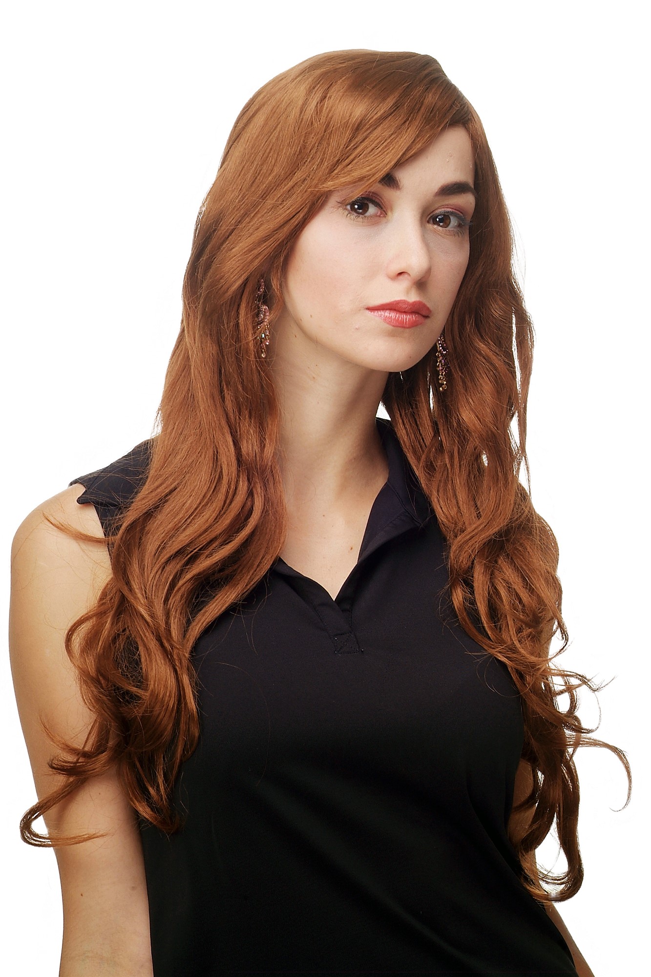 hochwertige Qualitätsperücken, Perücke lang wallendes Haar wellig leicht lockig Kupferbraun Braun 9204S-30, Vorderansicht, WIG ME UP: Ihr Perücken Online Shop lockige Tressen-Perücke mit Kopfhaut-Imitat Kupferbraun lange Haare für Damen