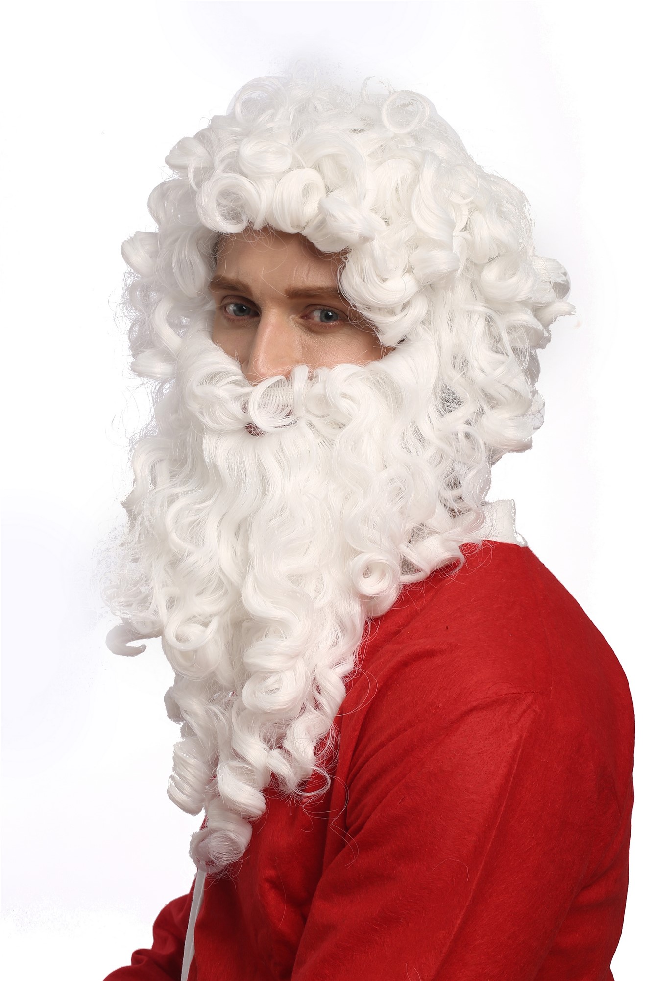 günstige Party Perücke, Perücke Bart Weihnachtsmann Santa Weiß 01-A+B-P60, Ansicht 3, WIG ME UP: Ihr Perücken Online Shop lockige Party Perücke Weiß schulterlange Haare für Herren
